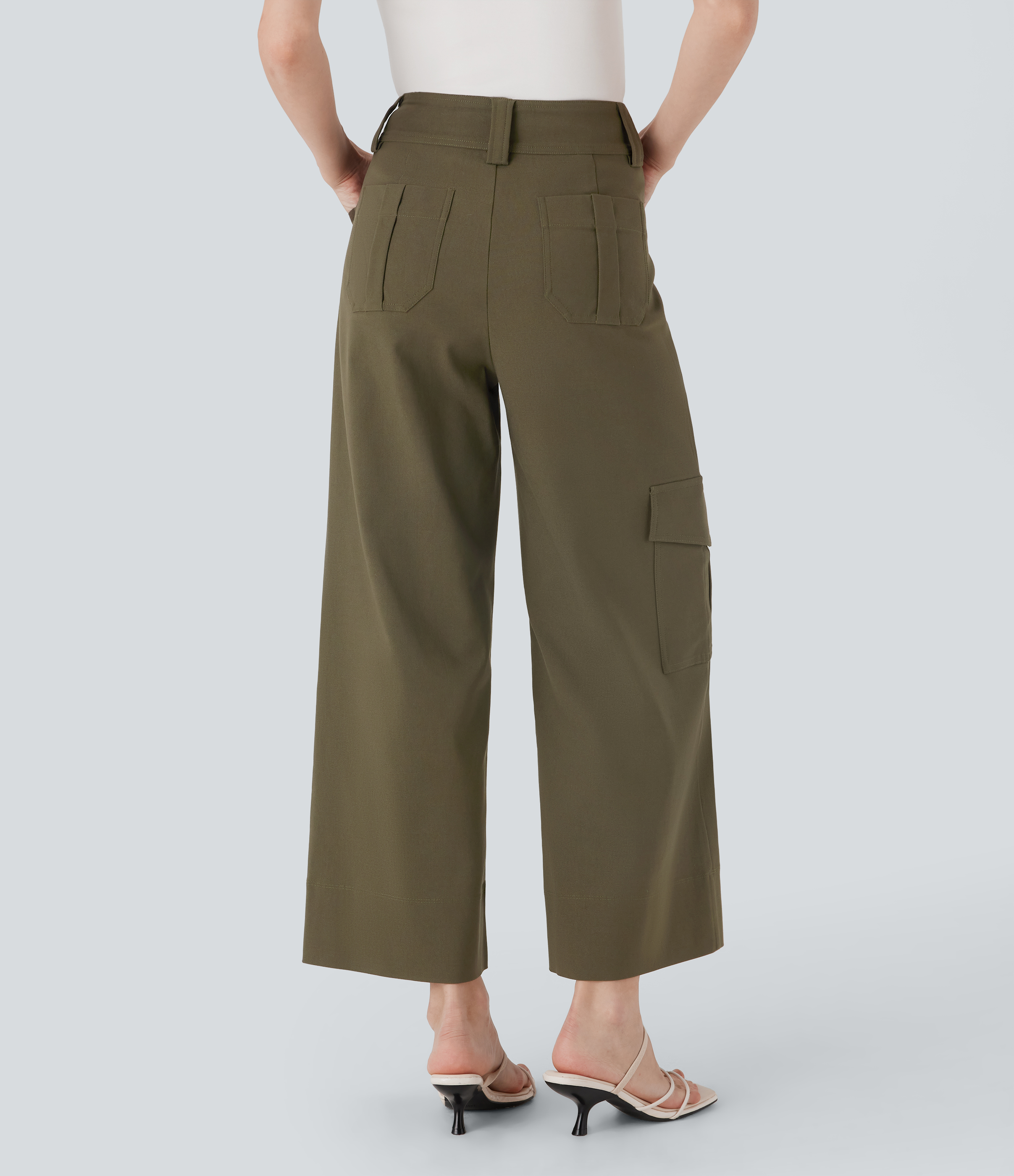 Deep Drape Green Pantalones cargo anchos de oficina de tiro alto con múltiples bolsillos / 2