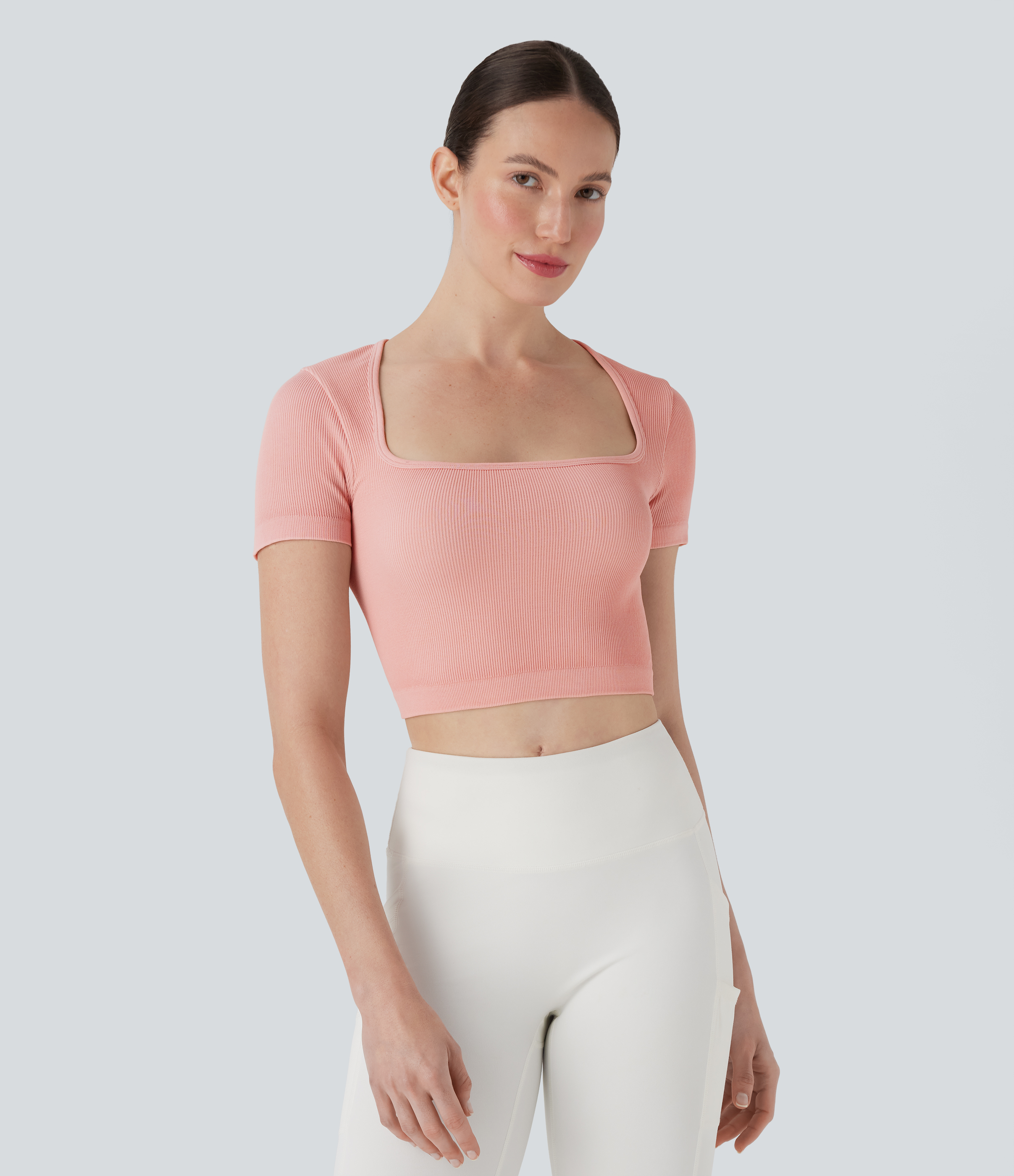 Ribbed Square Neck Short Sleeve Cropped Yoga Sports Top