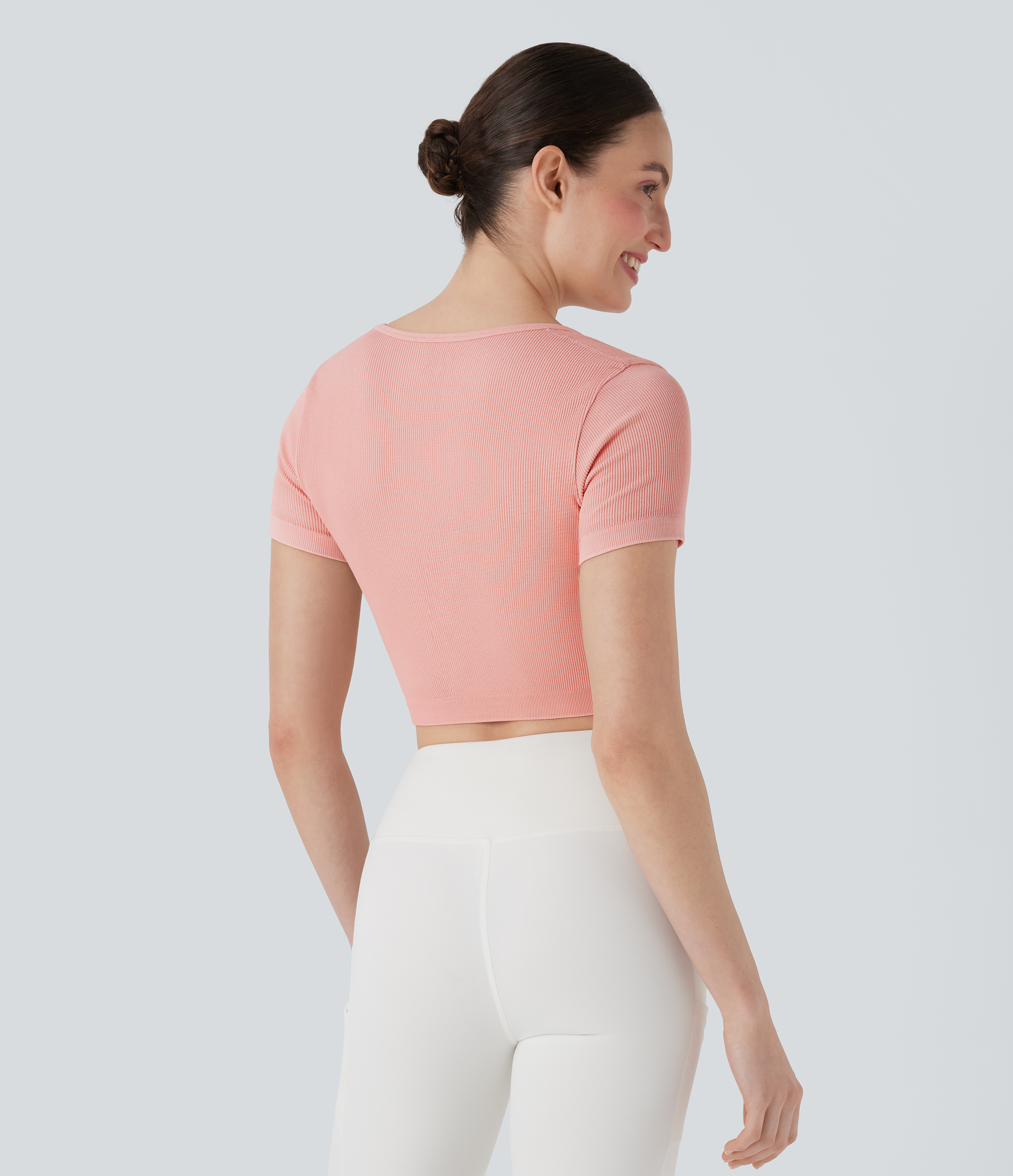 Granite Rose Geripptes Quadratisches Ausschnitt Kurz-Arm Cropped Yoga Sport Top / 2