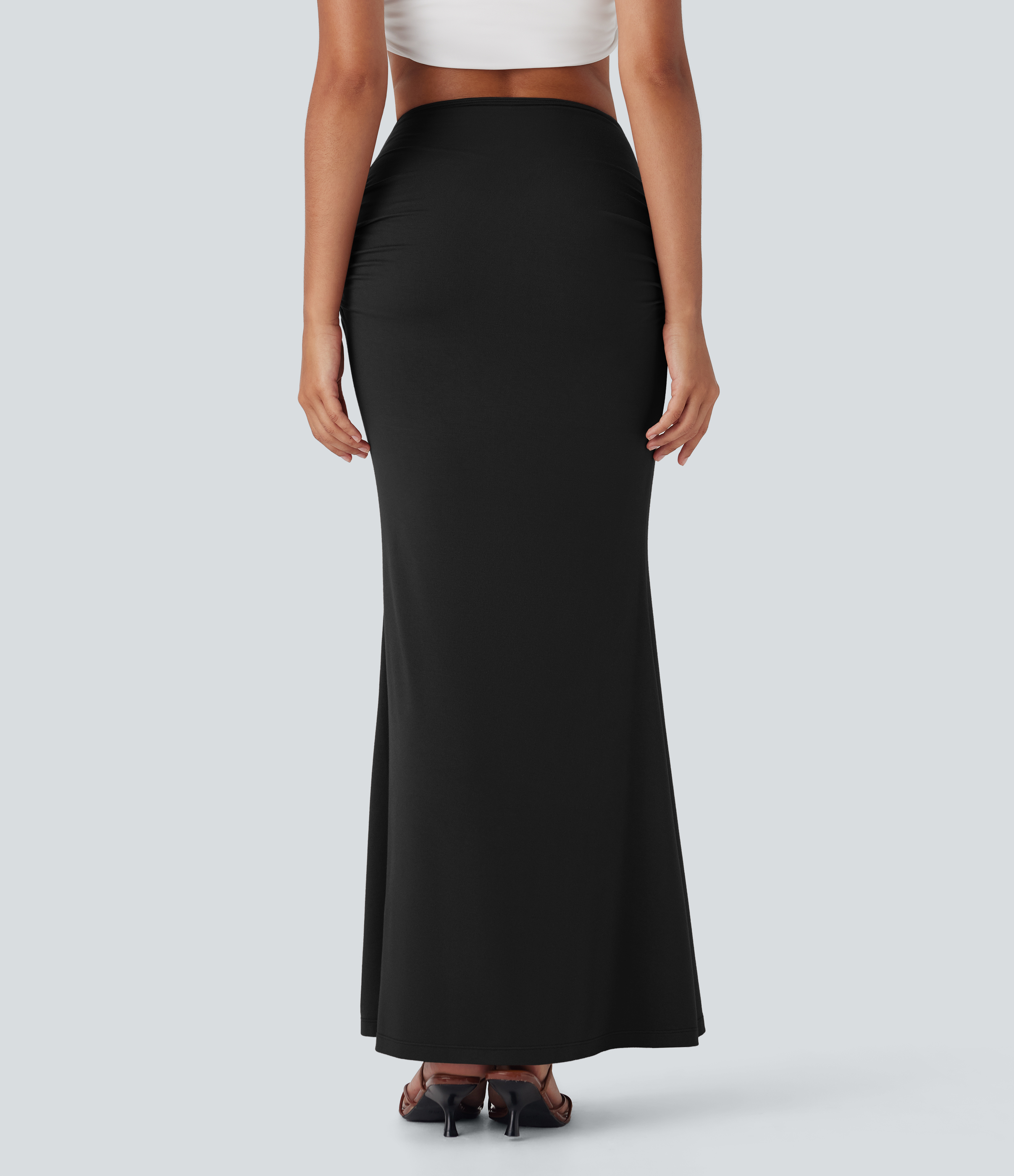 Black High Waisted Tummy Control Butt Lifting 2-in-1 Midi Casual Mermaid Skirt / 2