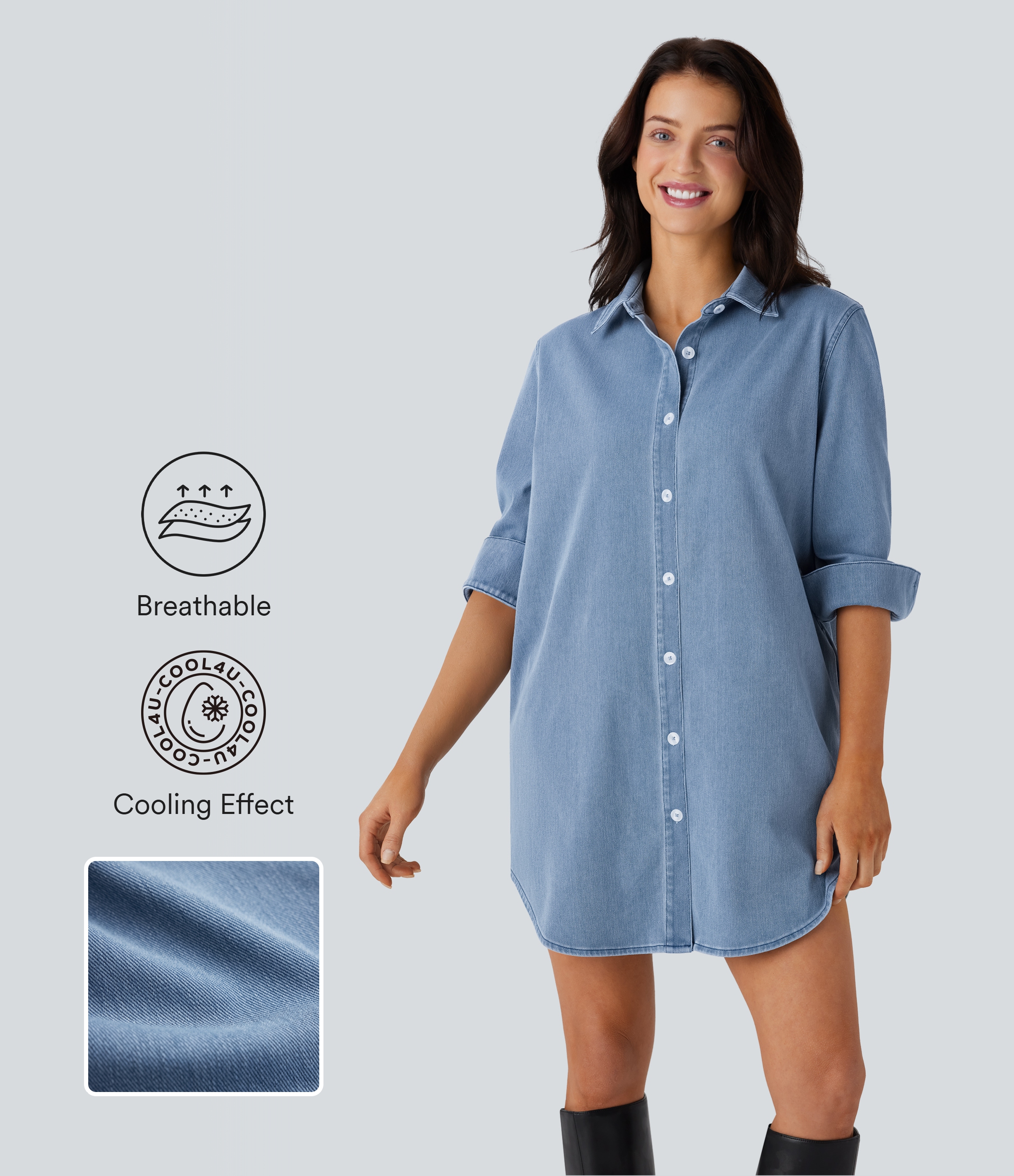 Halara Flex™ - Lässiges Hemdkleid aus elastischem Strick-Denim mit Seitentaschen, abgerundetem Saum und Cool-Touch