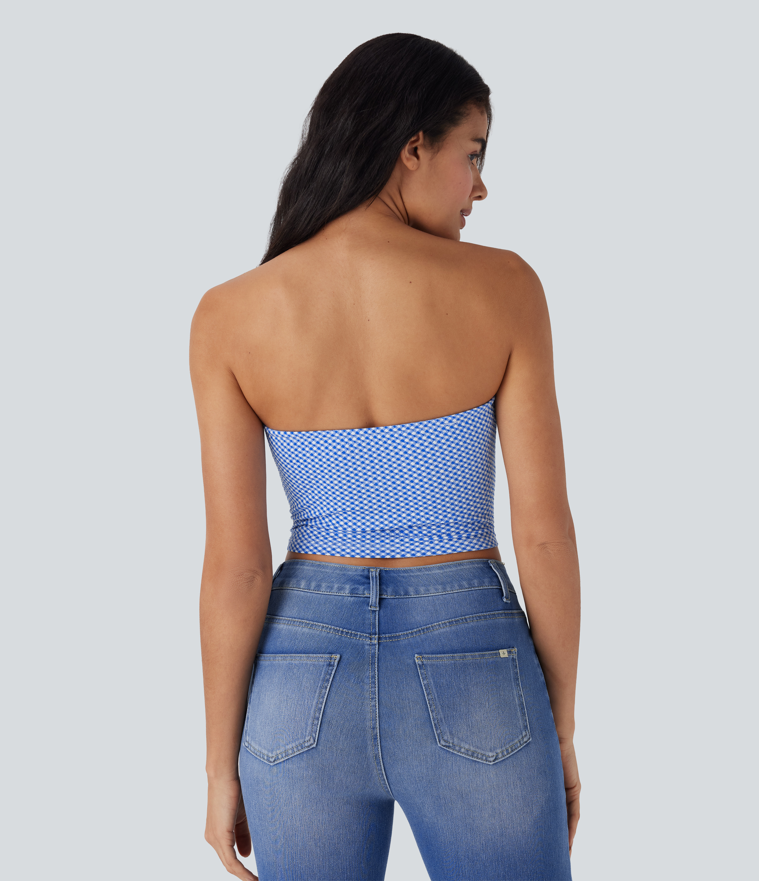 Card Blue Diagonal Plaid Top de tubo casual corto con cuadros fruncidos / 2