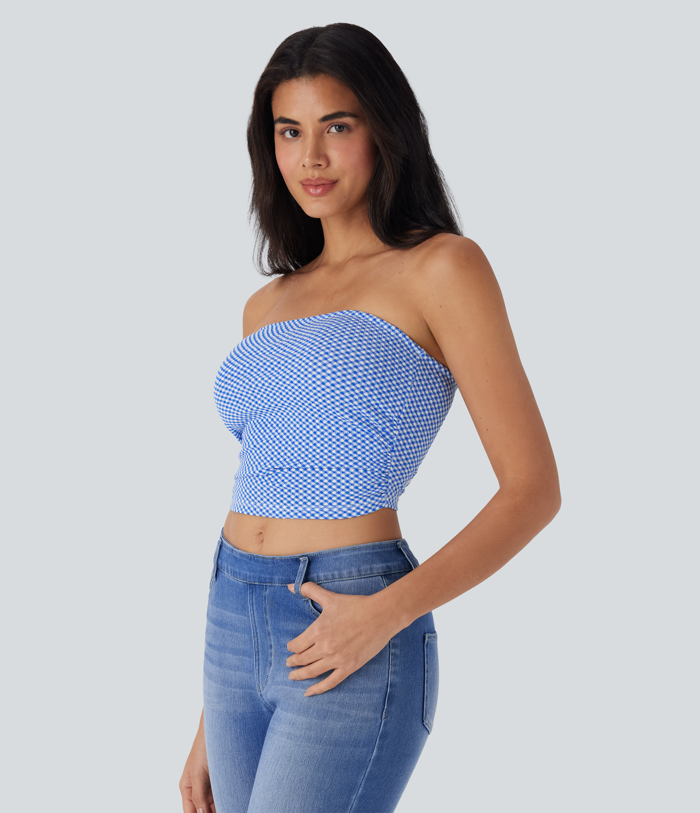 Ruched Plaid Cropped Casual Tube Top