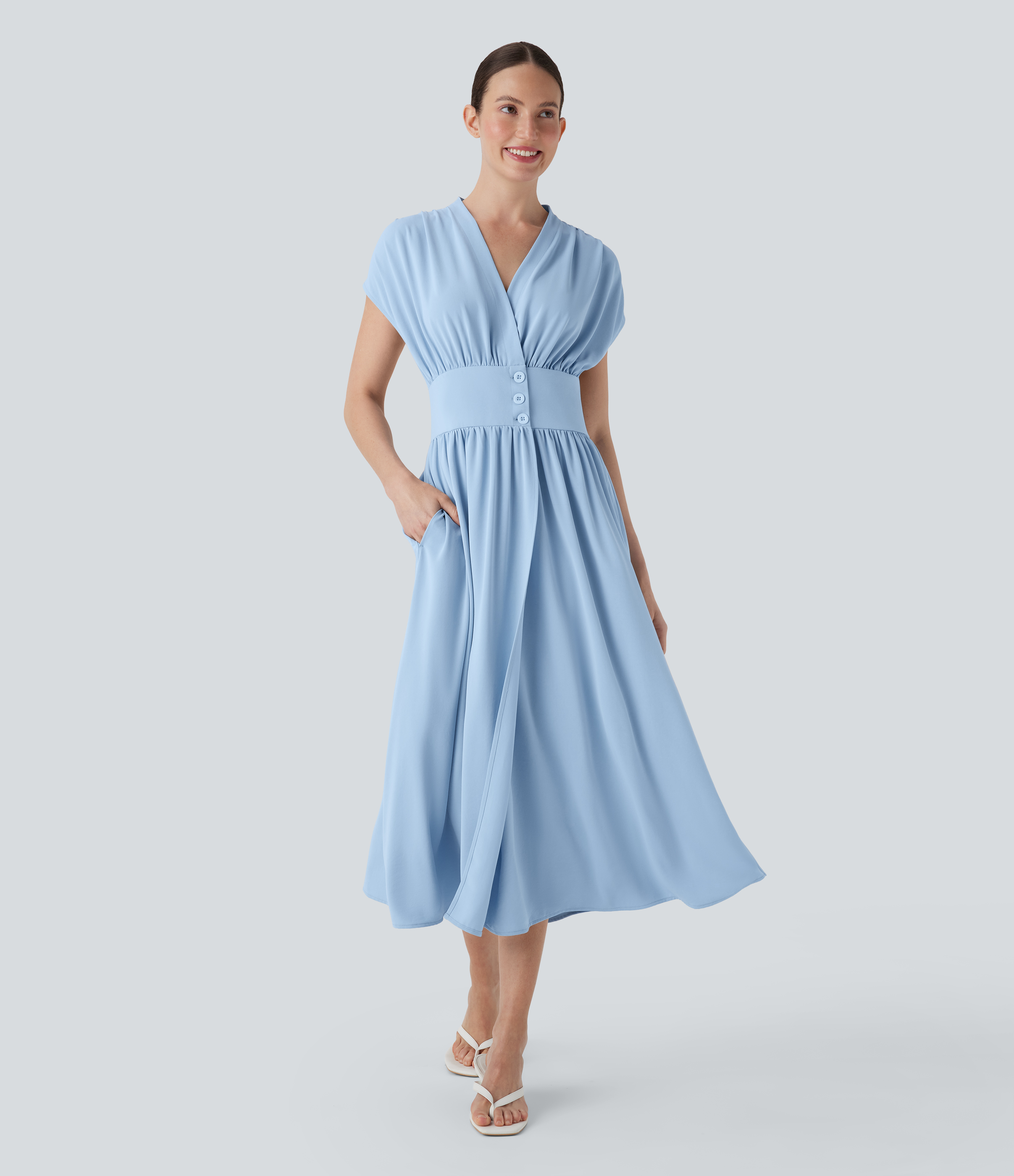 V Neck Shirred Flowy Midi Casual Dress with Pockets