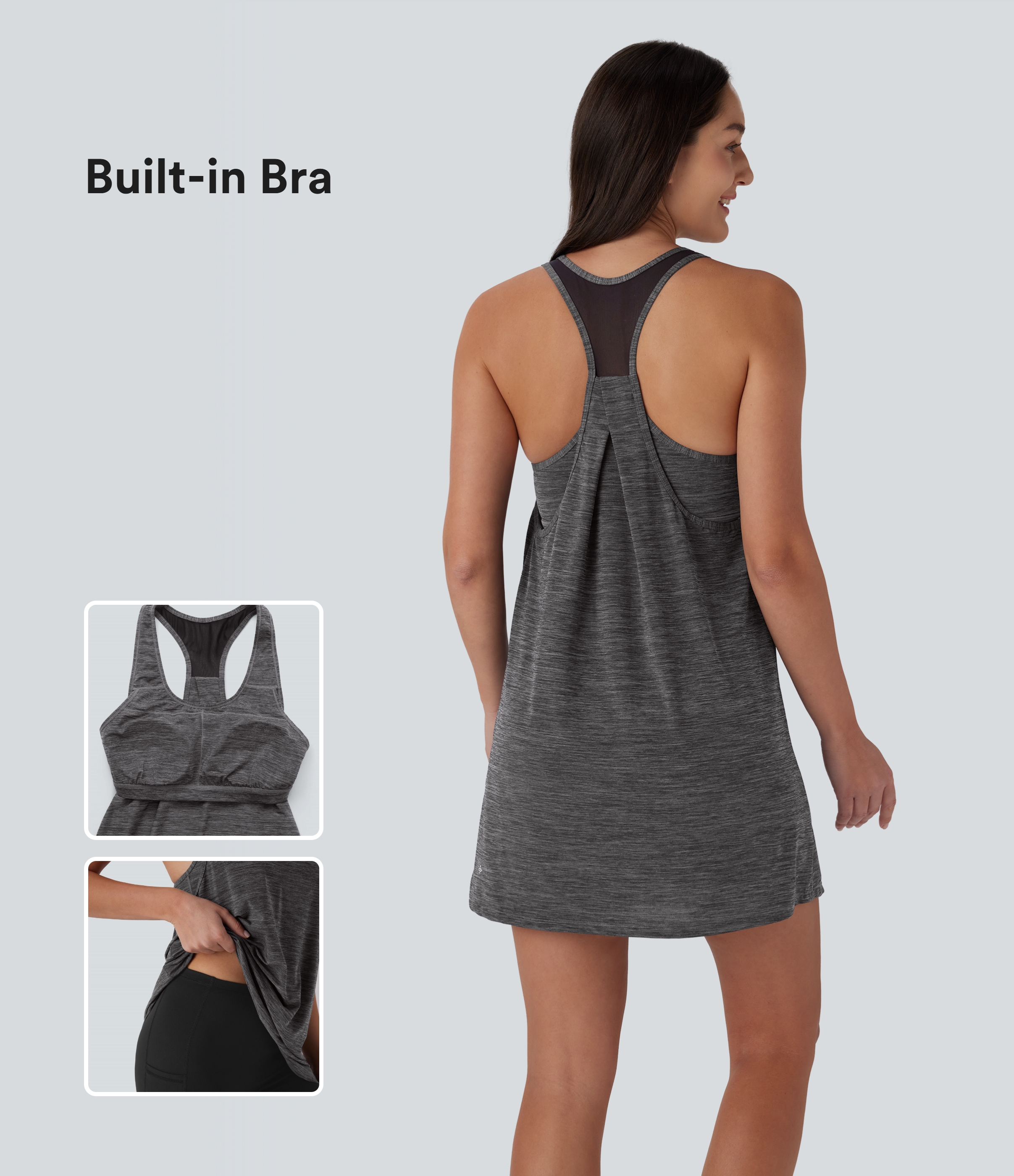Deep Gray Texture U Neck Racerback Contrast Mesh 2-Piece Pocket Mini Yoga Active Dress / 1