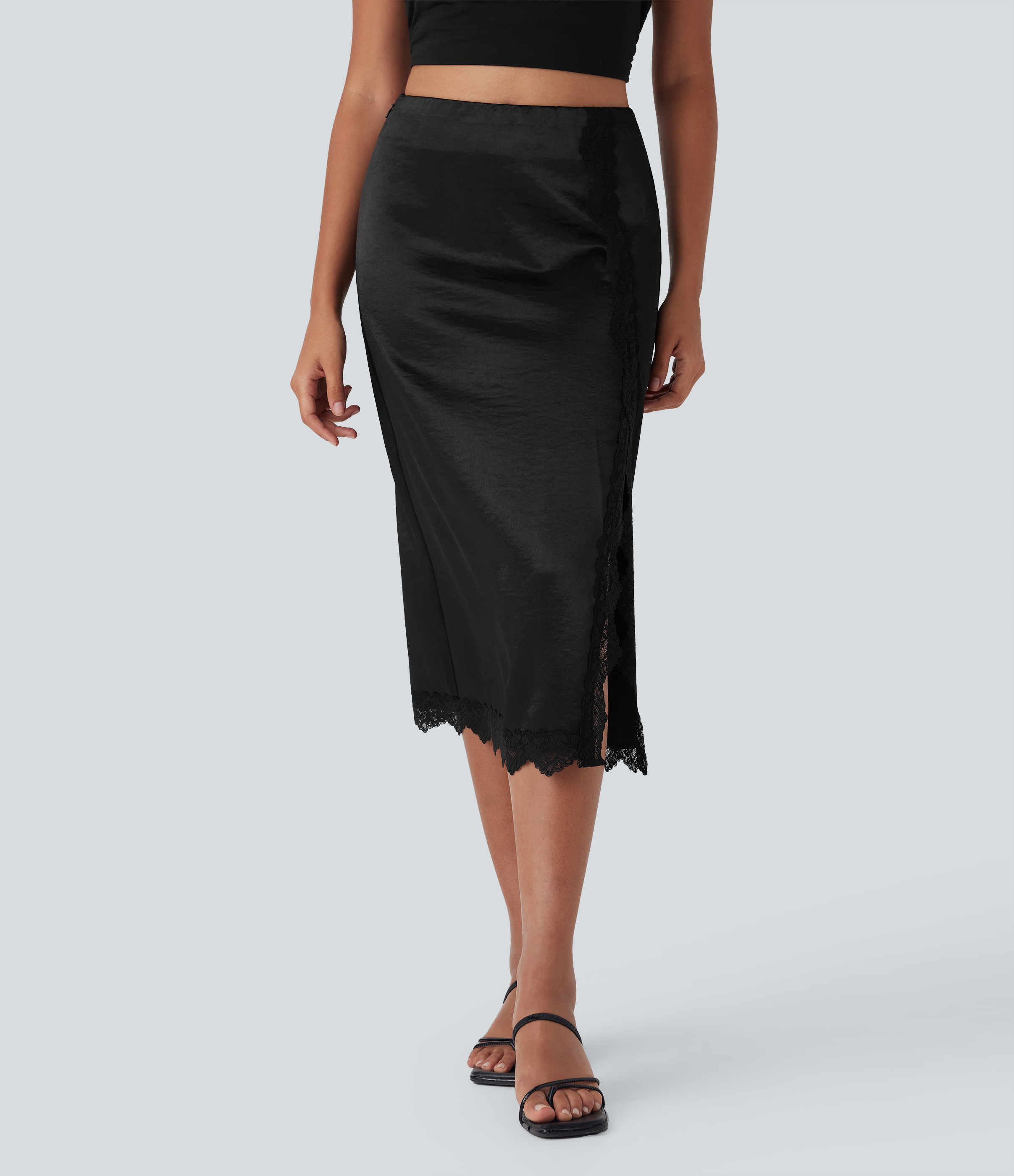 Halara – Bleistift-Midirock aus Satin mit hohem Bund, unsichtbarem Reißverschluss, Kontrastspitze und Schlitz – Schwarz – L(regular)