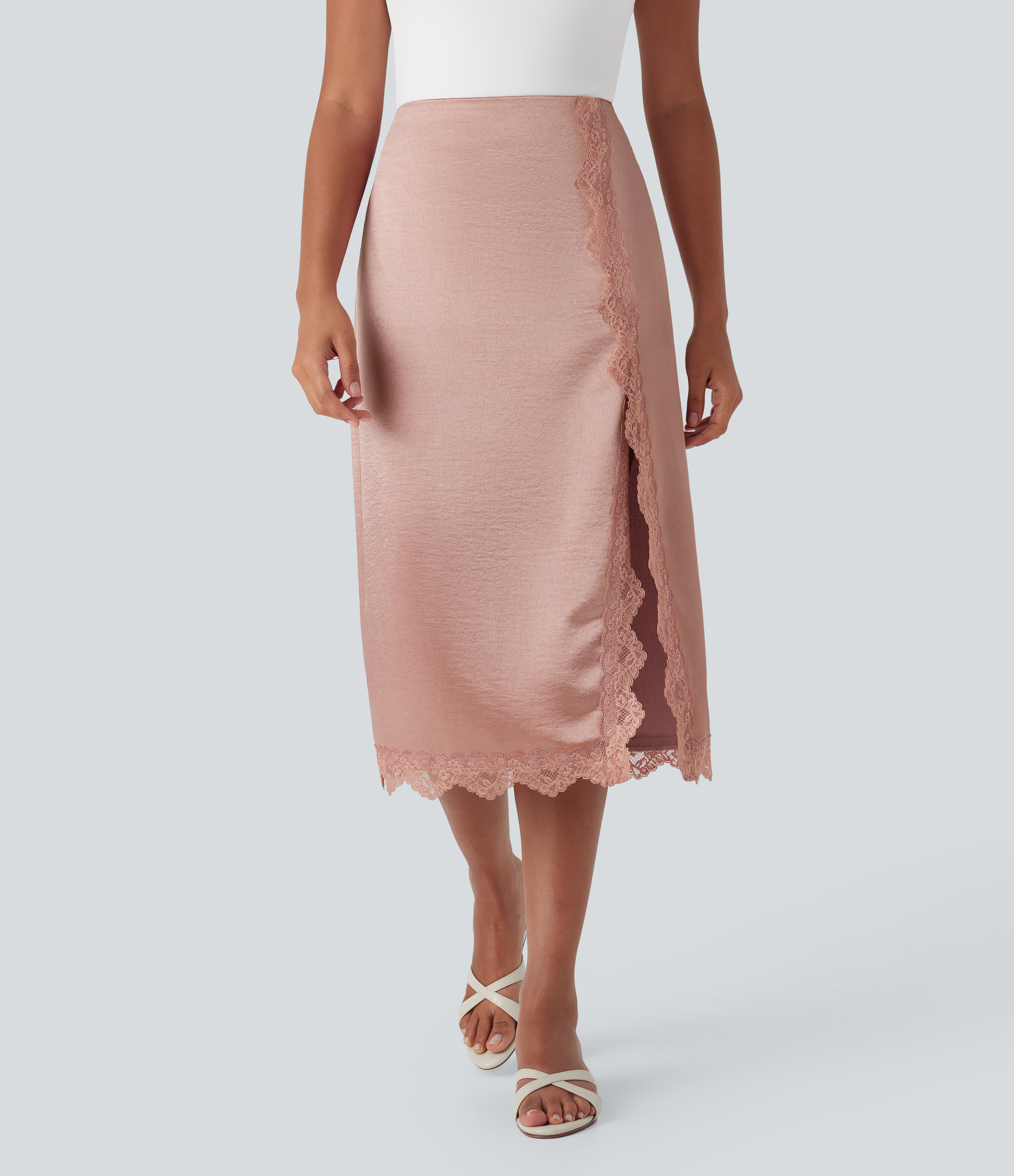 Halara – Bleistift-Midirock aus Satin mit hohem Bund, unsichtbarem Reißverschluss, Kontrastspitze und Schlitz – Misty Rose – L(regular)