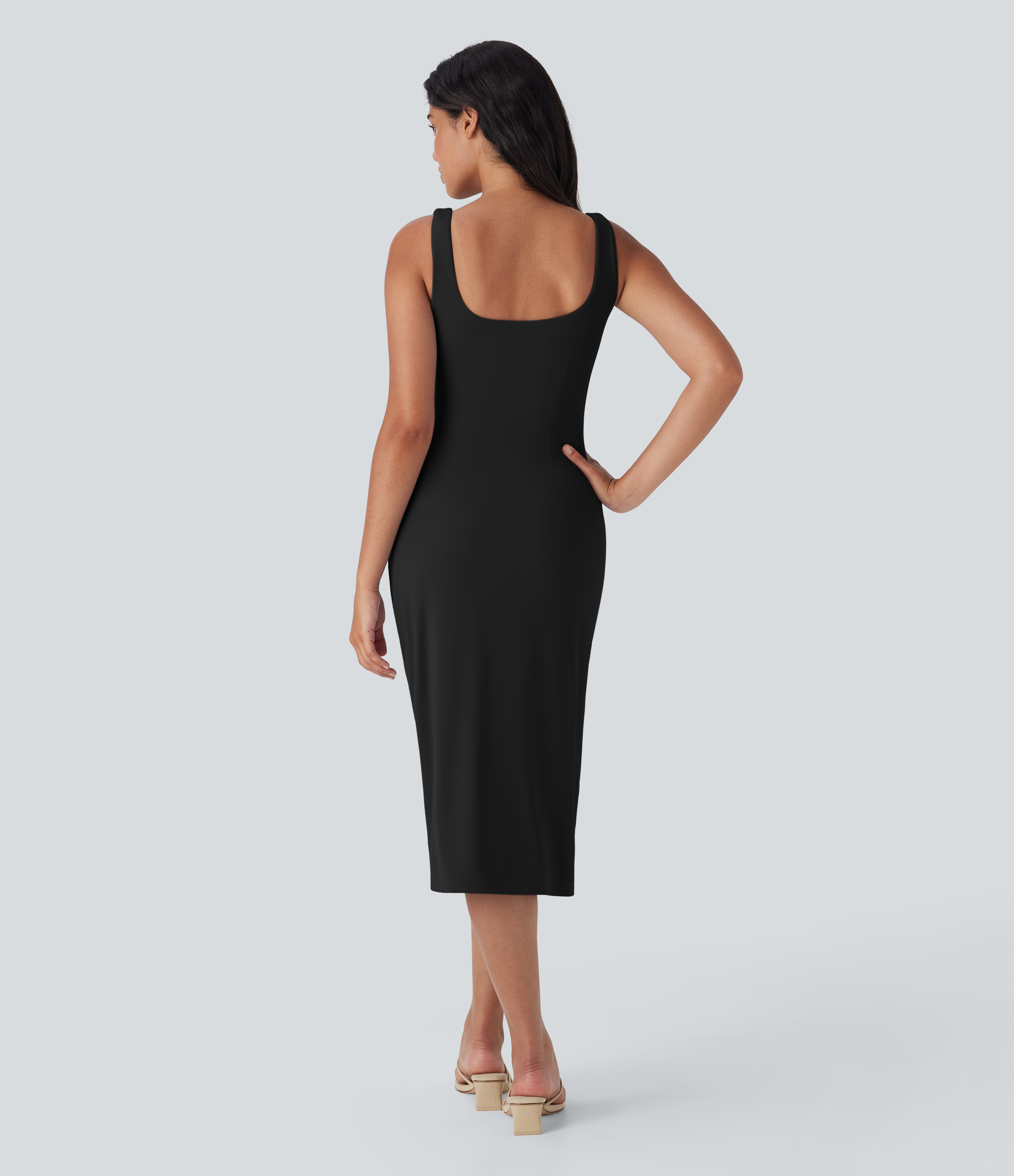 Black SoftlyZero™ Airy Square Neck Corset Ruched Bodycon Midi InstantCool Dress E-G Cups / 2