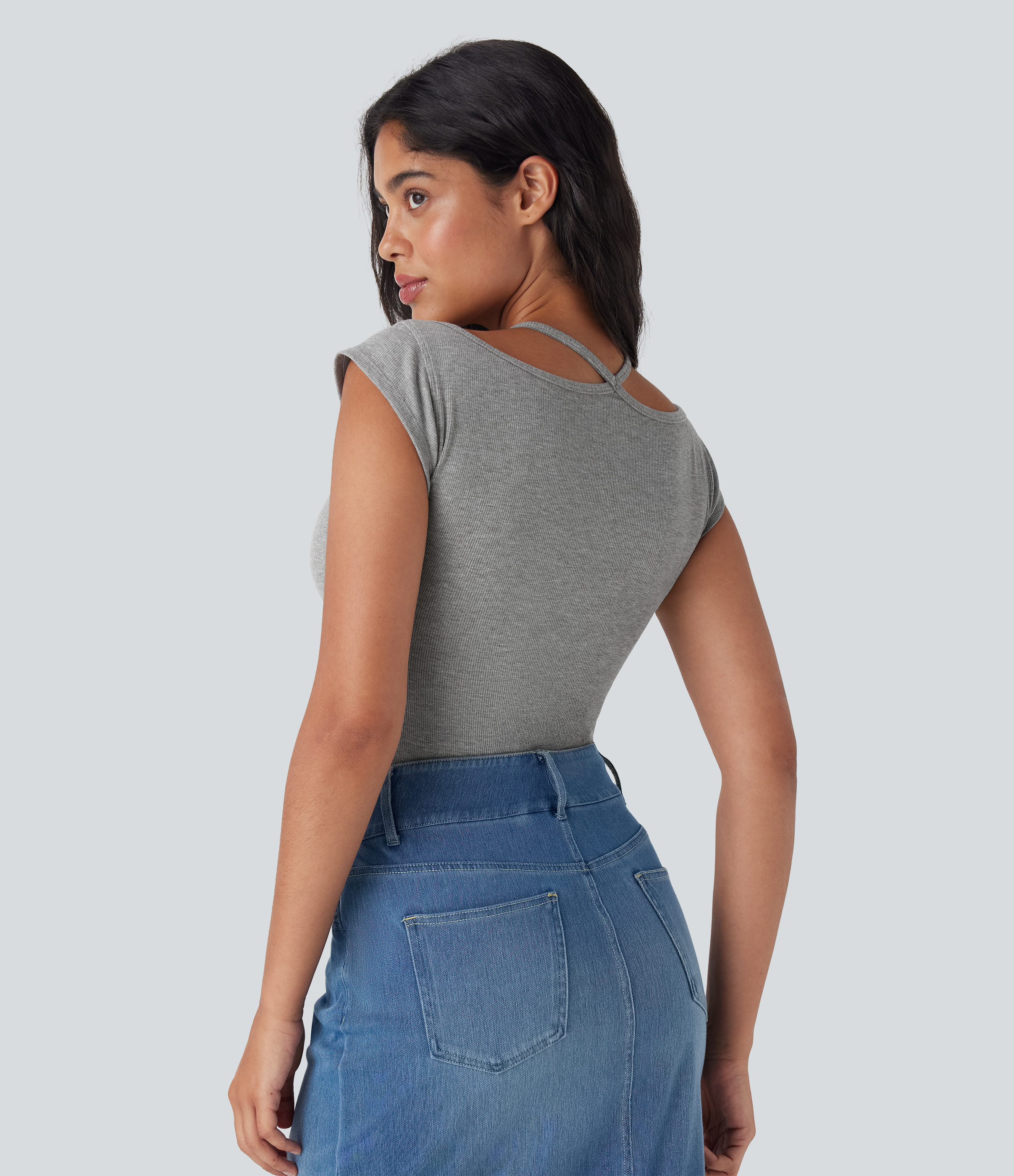 Fog Gray Top encaje acanalado manga corta cuello halter súper elástico agradable para piel / 2
