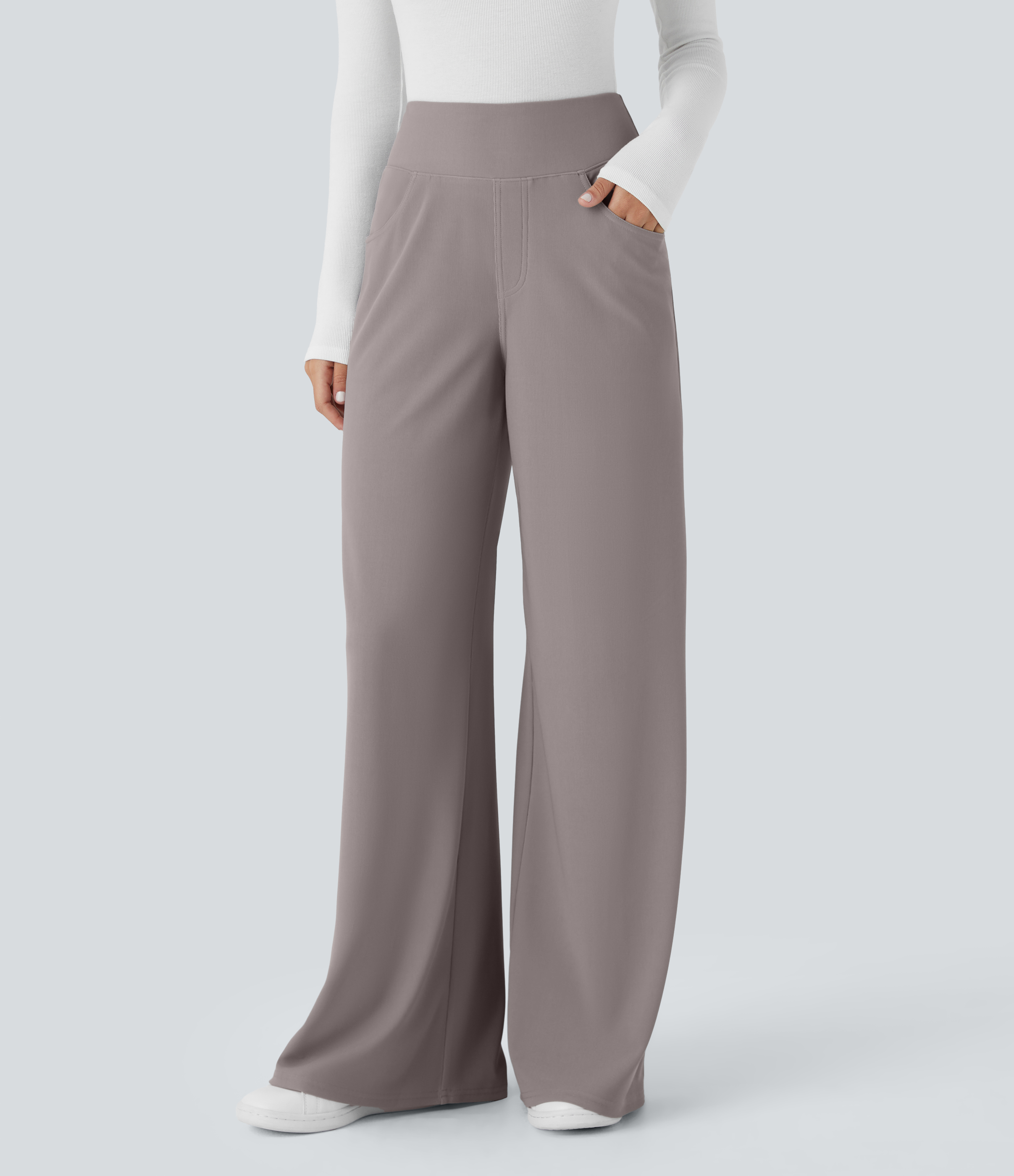 Halara Flex™ Pantalones de trabajo de talle alto con control de abdomen, bolsillos, pierna ancha y corte holgado en micro-waffle