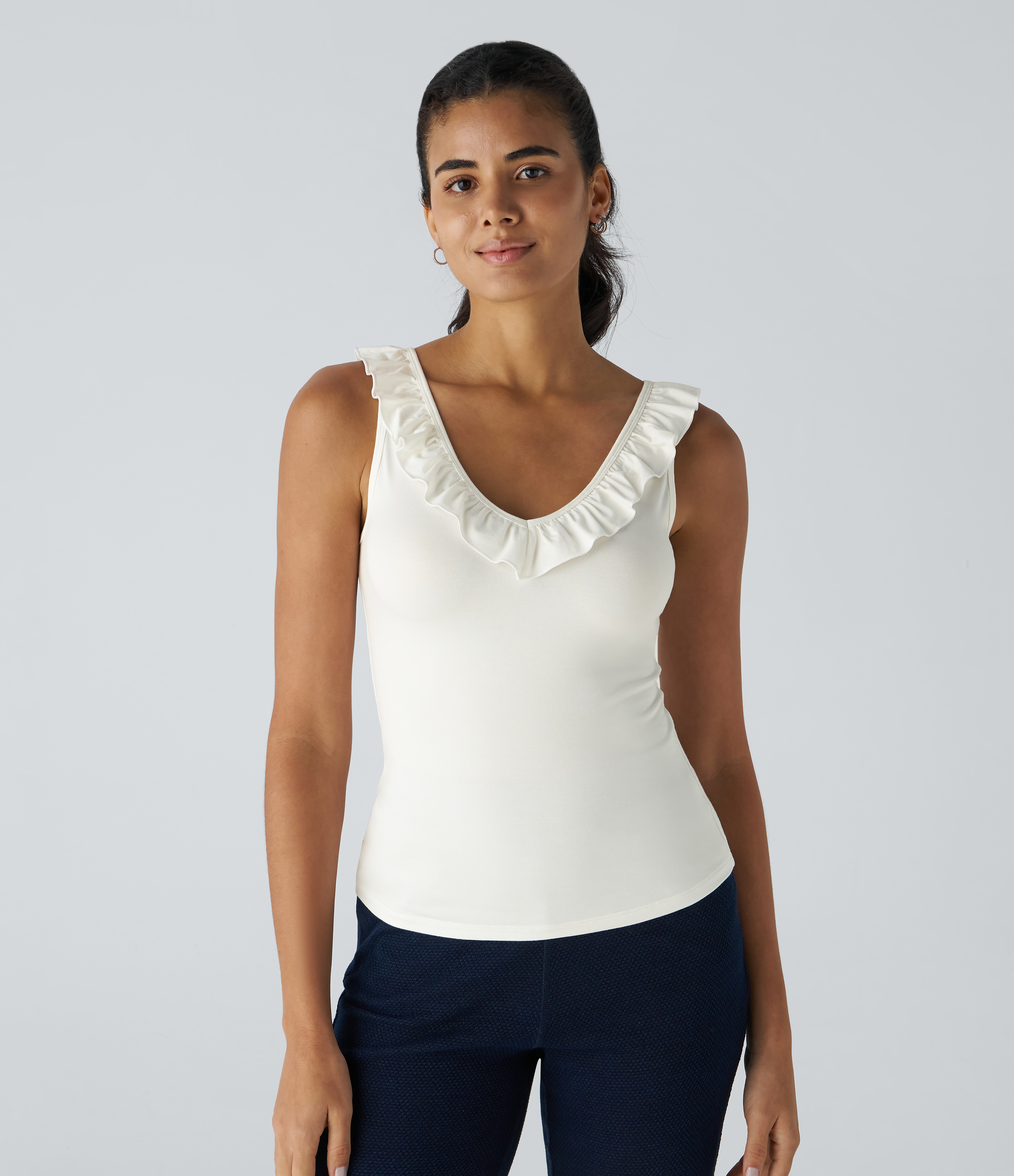 V-neck ruffle trim slim work tank top
