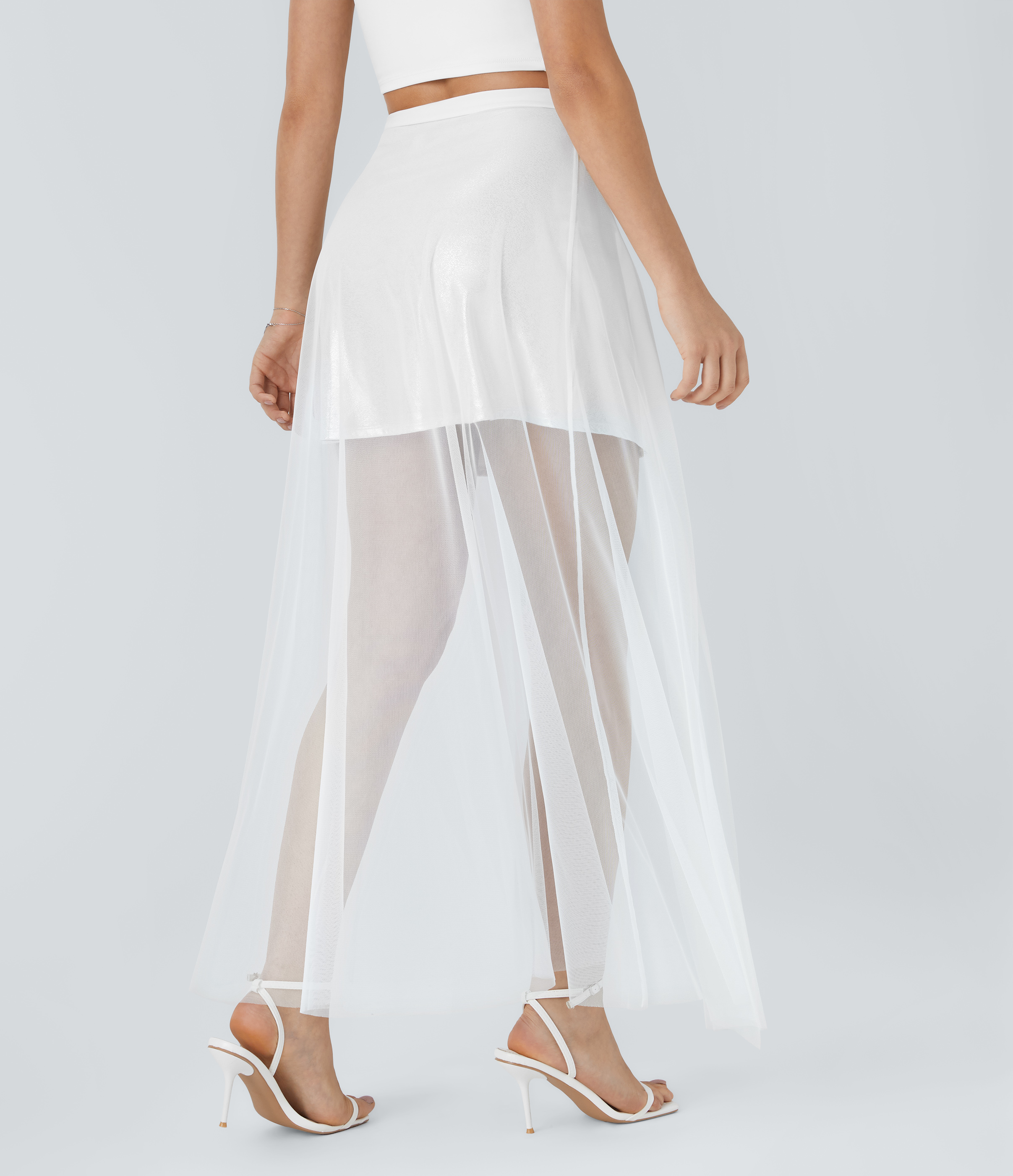 Bright Skin Floating White Minifalda fiesta Softlyzero™ Faux elástica 2 piezas estampado metálico metalizado tiro alto malla piel sintética / 2