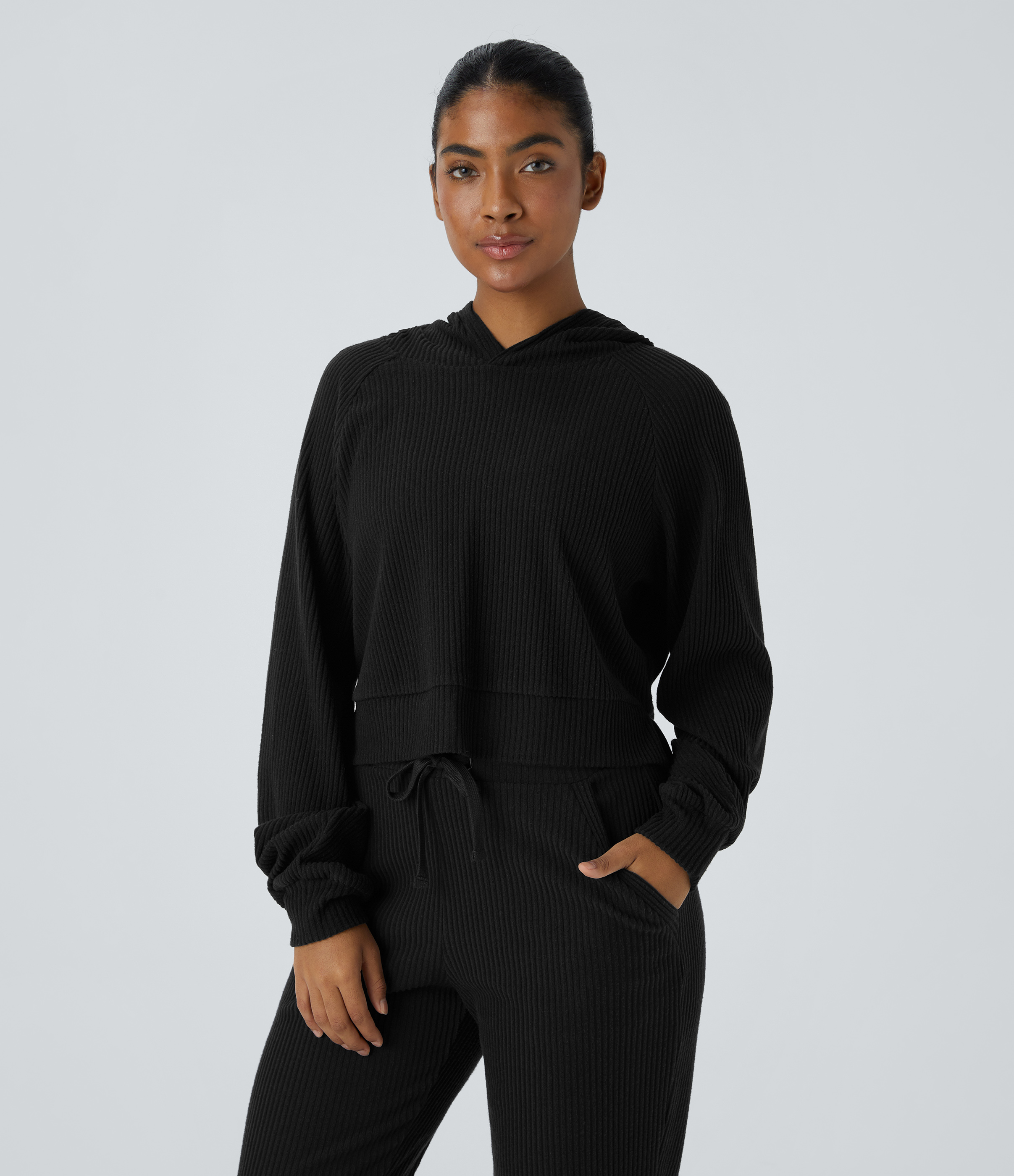 Negro Sudadera manga larga capucha abertura cuello acanalado / 1