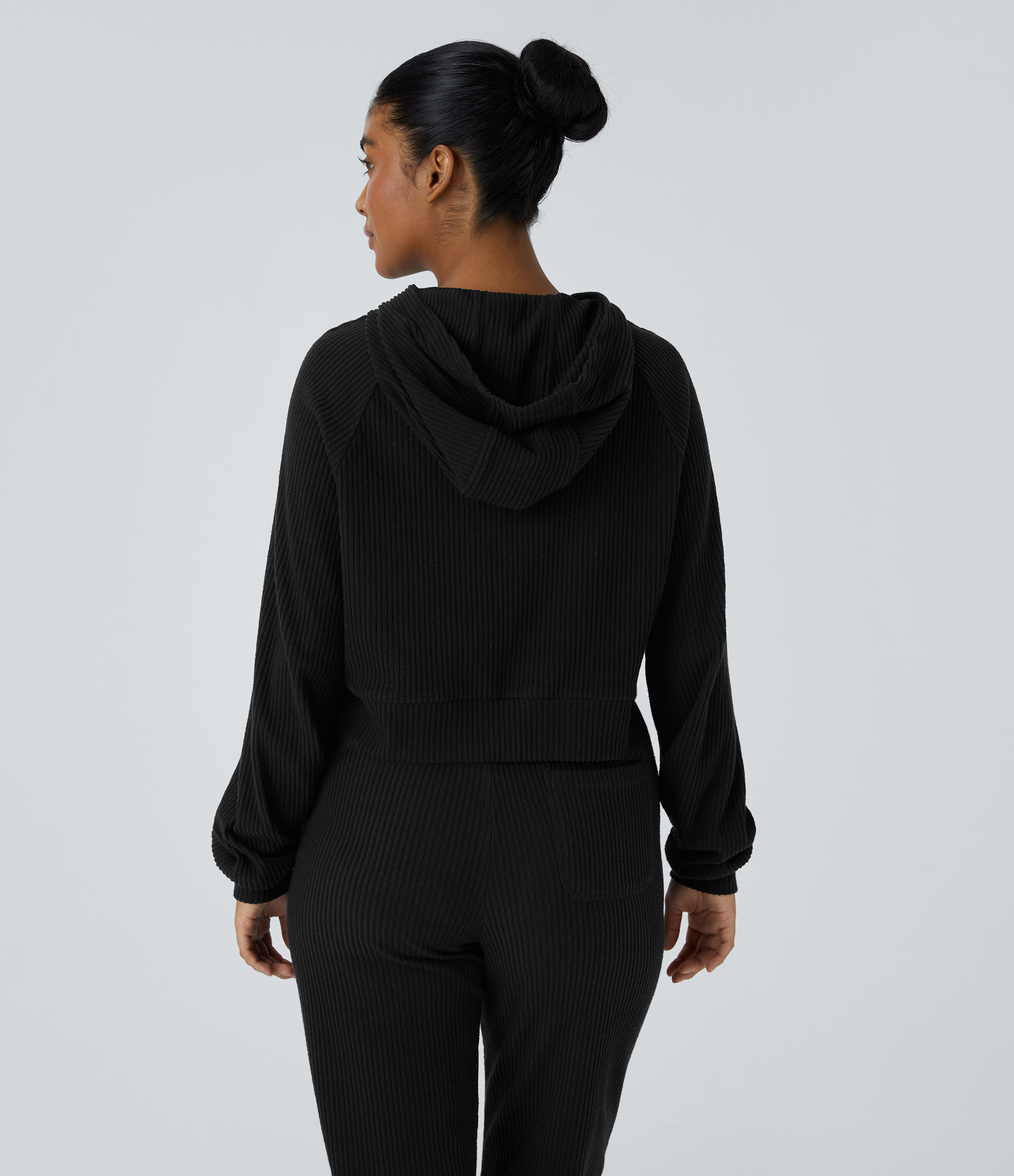 Negro Sudadera manga larga capucha abertura cuello acanalado / 2