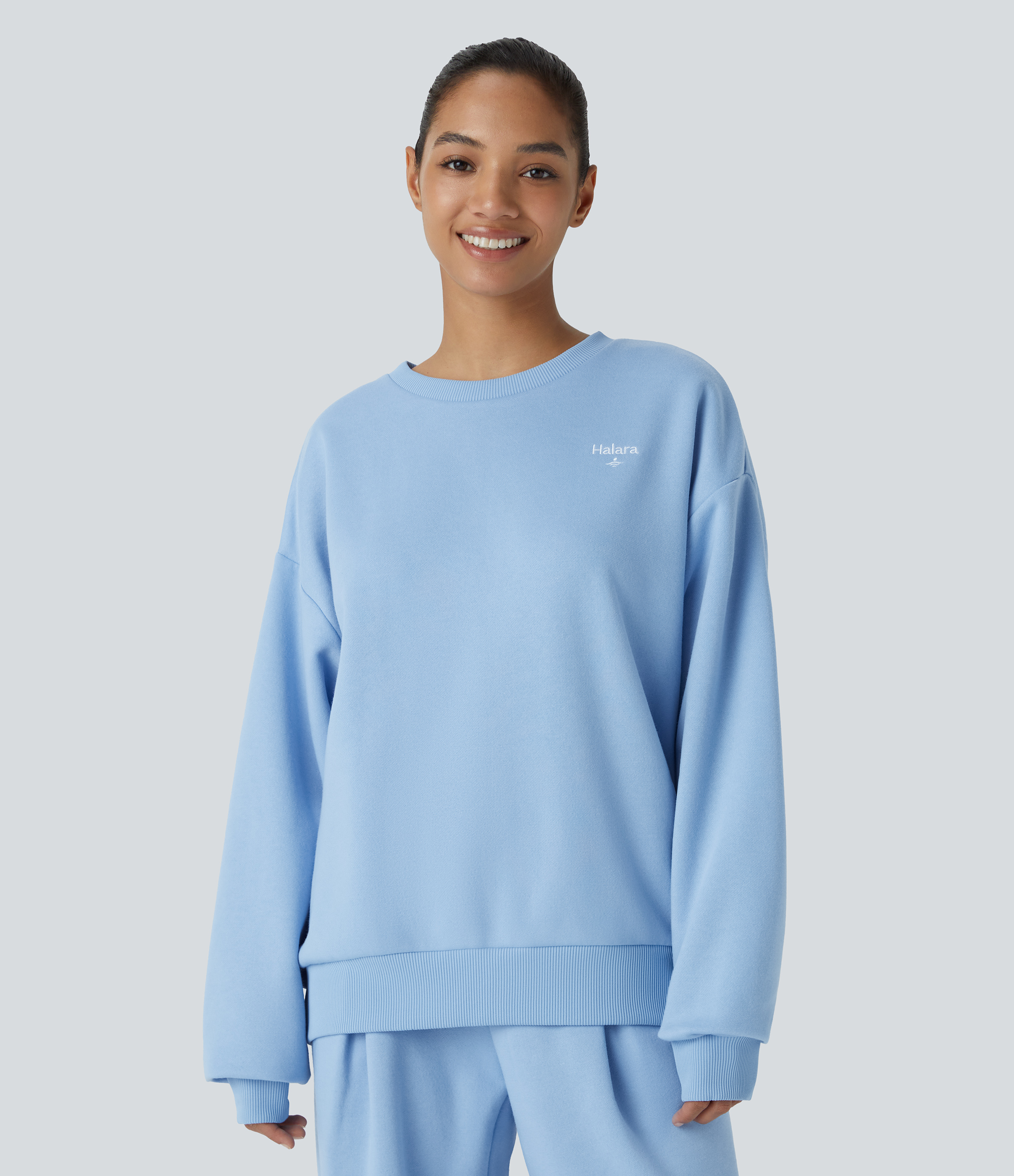 Cool Ice Blue Sudadera polar gran tamaño canalé contrastante bordado letra Halara / 2