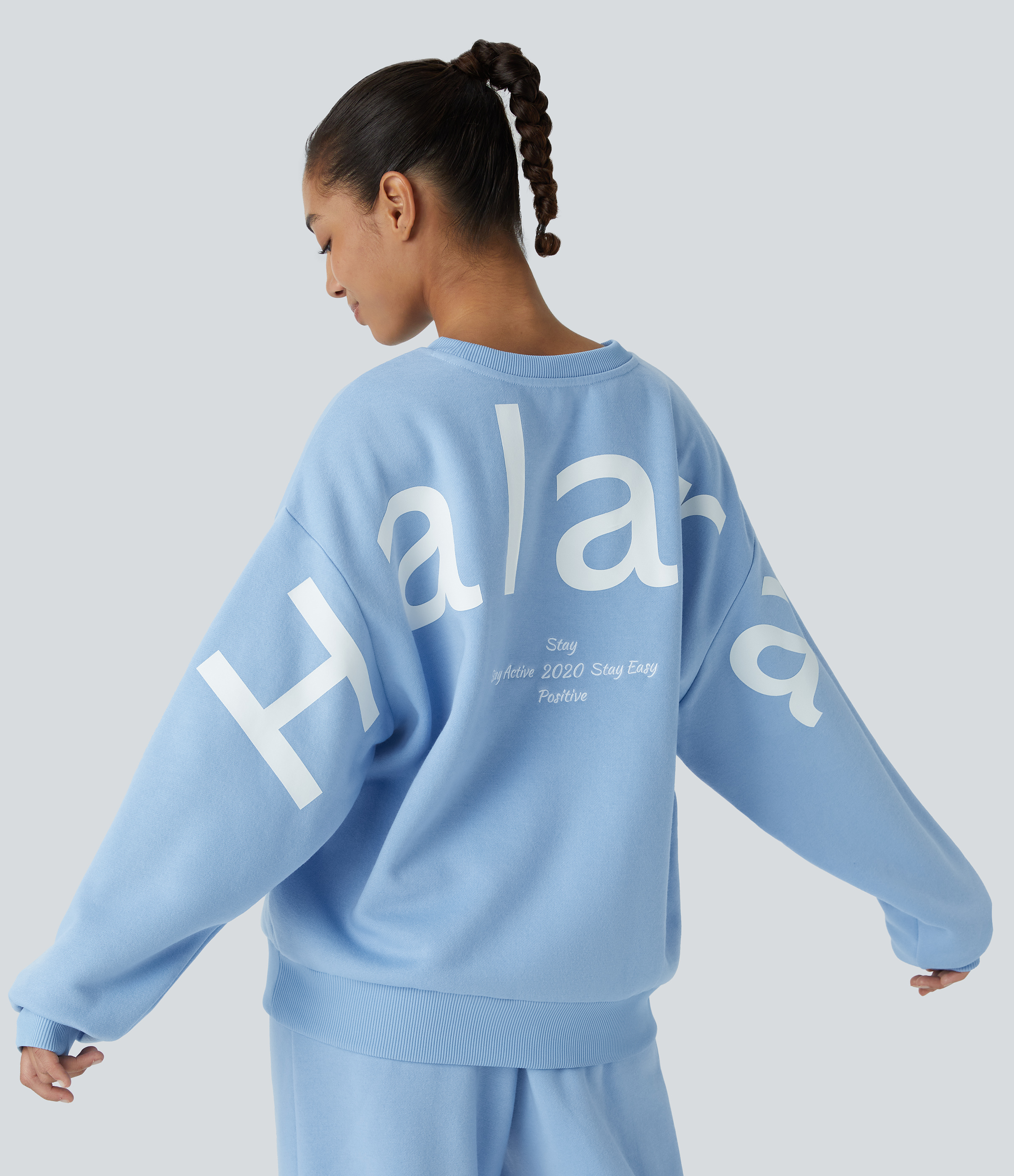Cool Ice Blue Sudadera polar gran tamaño canalé contrastante bordado letra Halara / 1