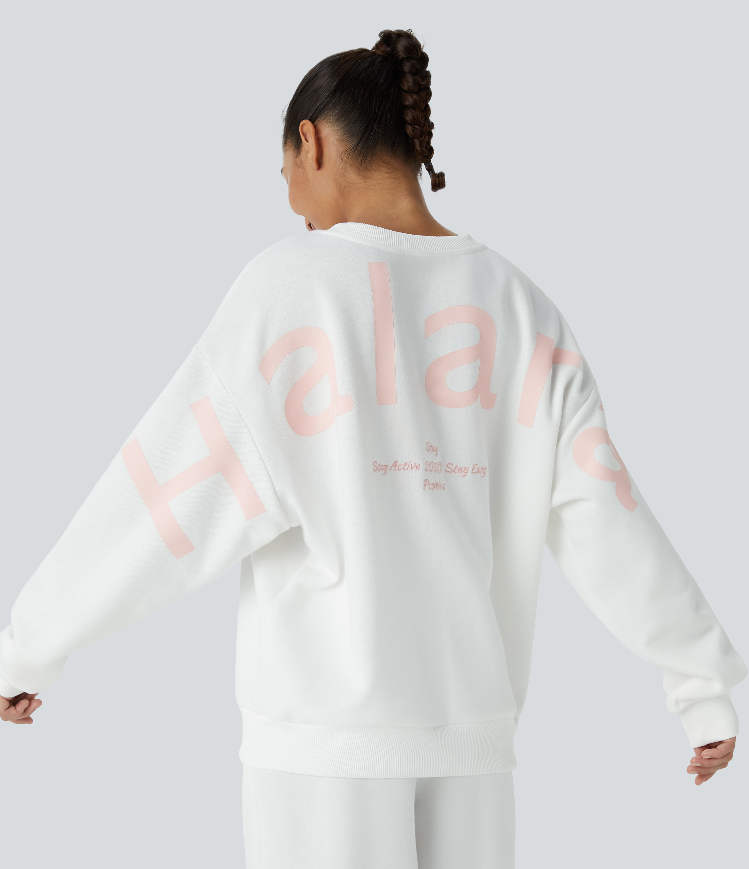Blanc Sweat-shirt décontracté Halara oversize en polaire avec lettrage brodé et bords côtelés contrastés / 1