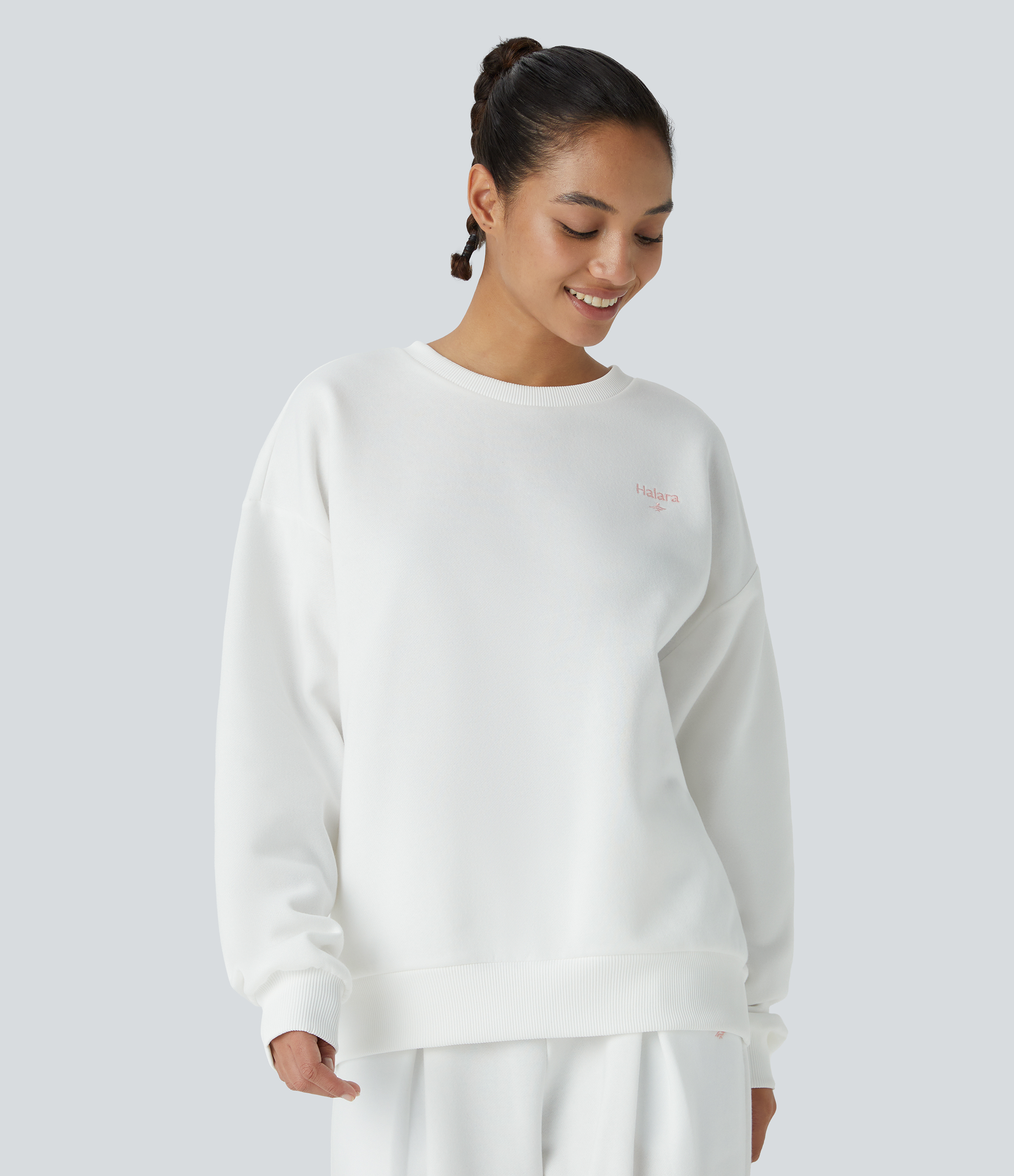 Blanc Sweat-shirt décontracté Halara oversize en polaire avec lettrage brodé et bords côtelés contrastés / 2