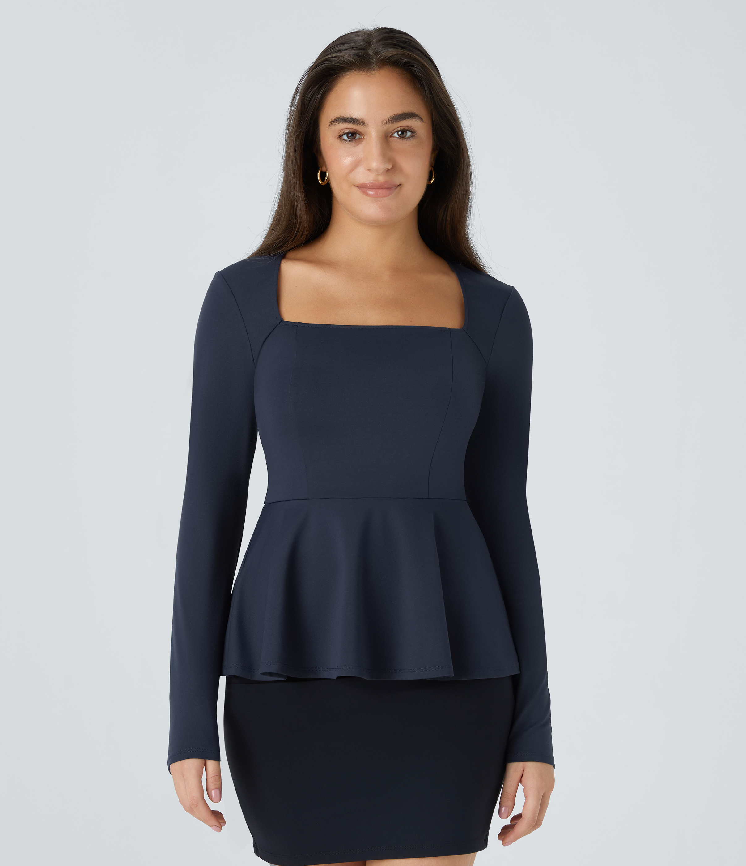 Square neck, long sleeves, ruffle hem, work top