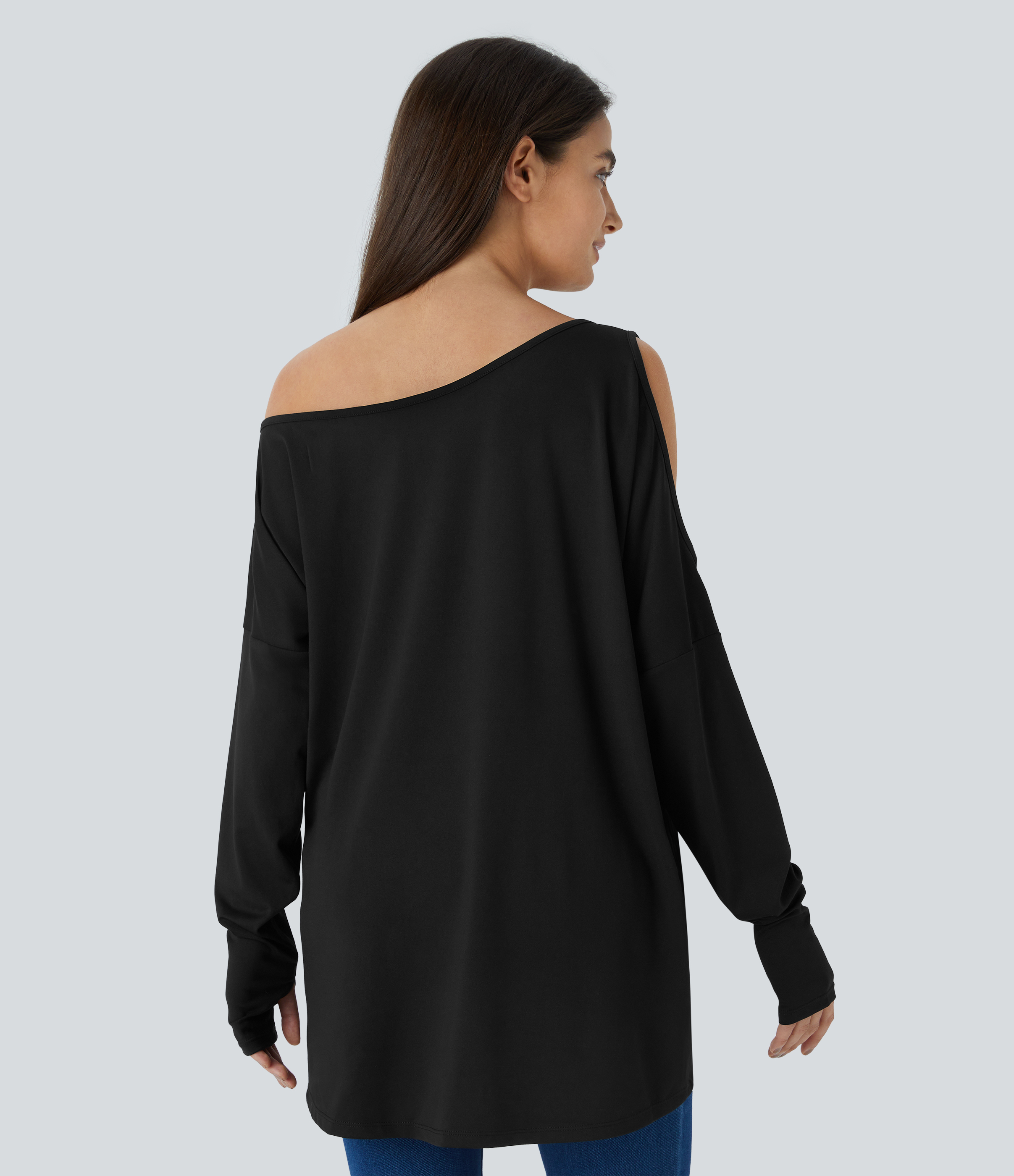 Noir Découpé Épaule en biais Ouverture pour le pouce Haut Bas Oversize Décontracté Top / 2