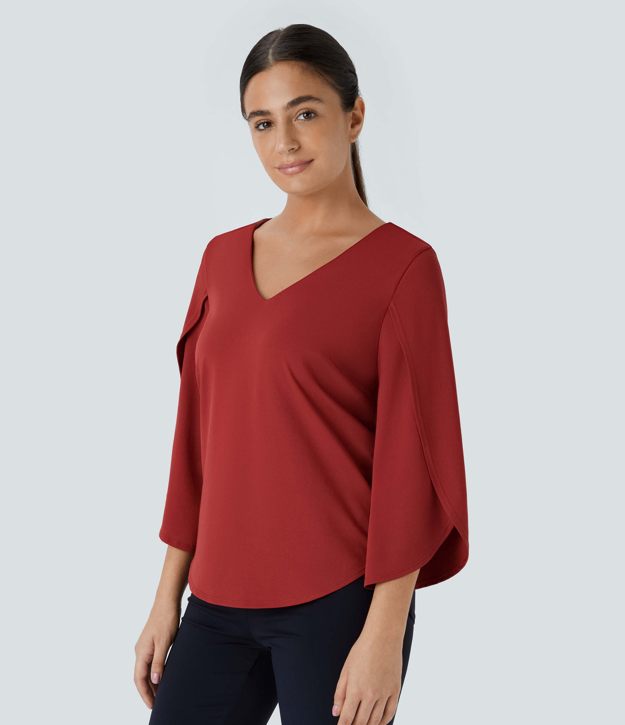 トップス KAWARA Women's V Neck 3/4 Sleeve Curved Hem Work Top - Halara