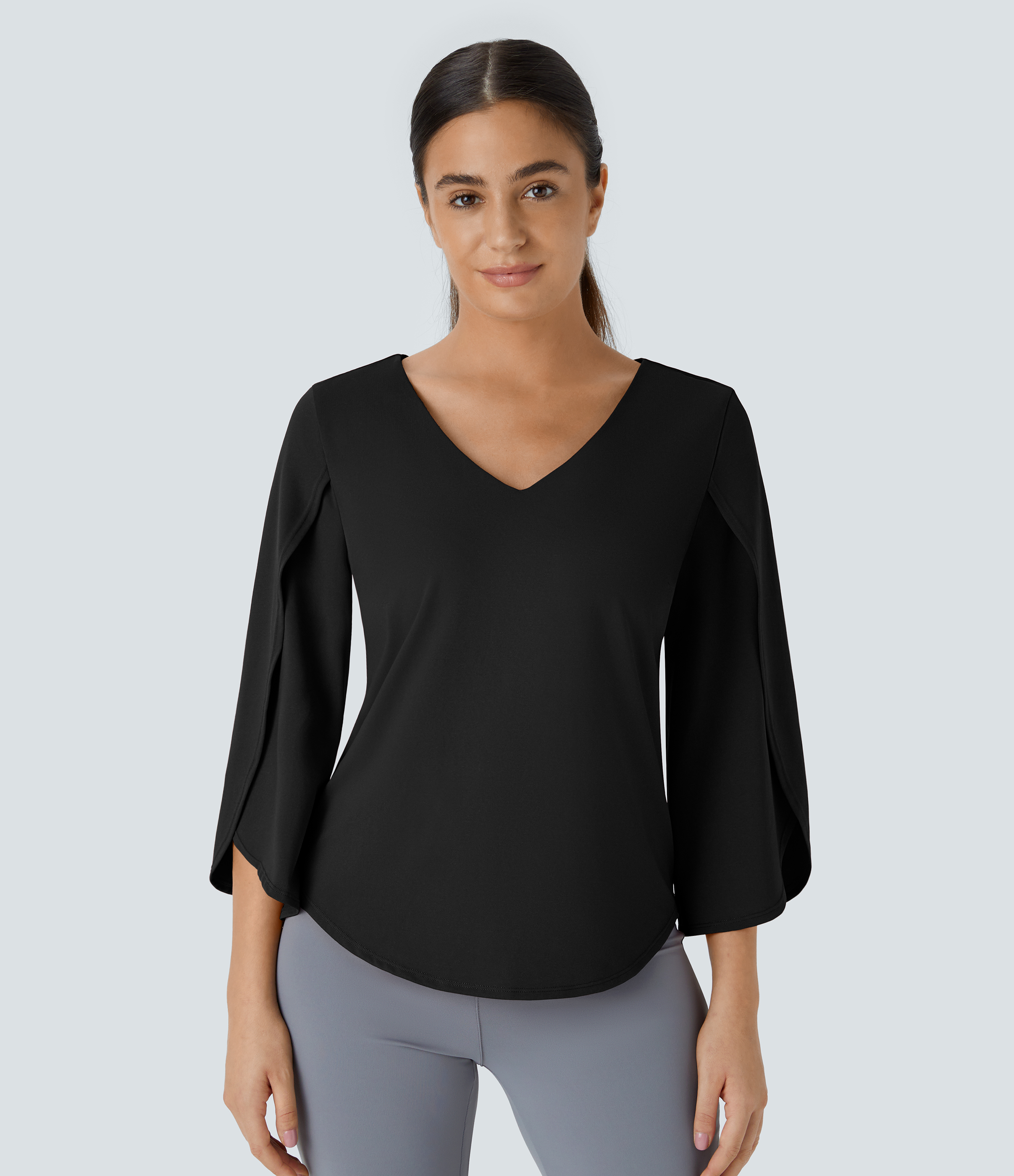V-neck 3/4 sleeve curved hem work top