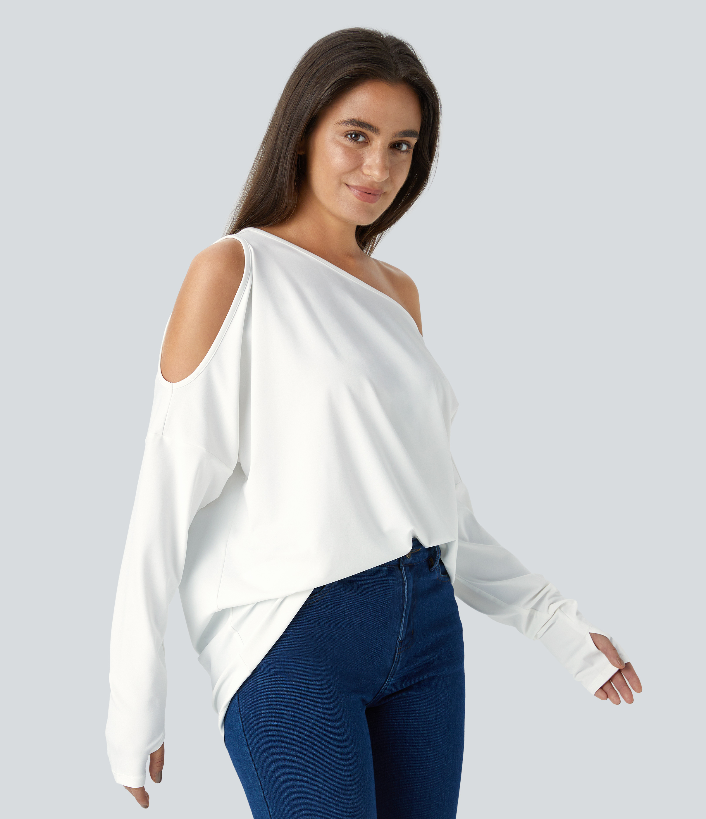 Women’s Cut Out Oblique Shoulder Thumb Hole High Low Oversize Casual ...