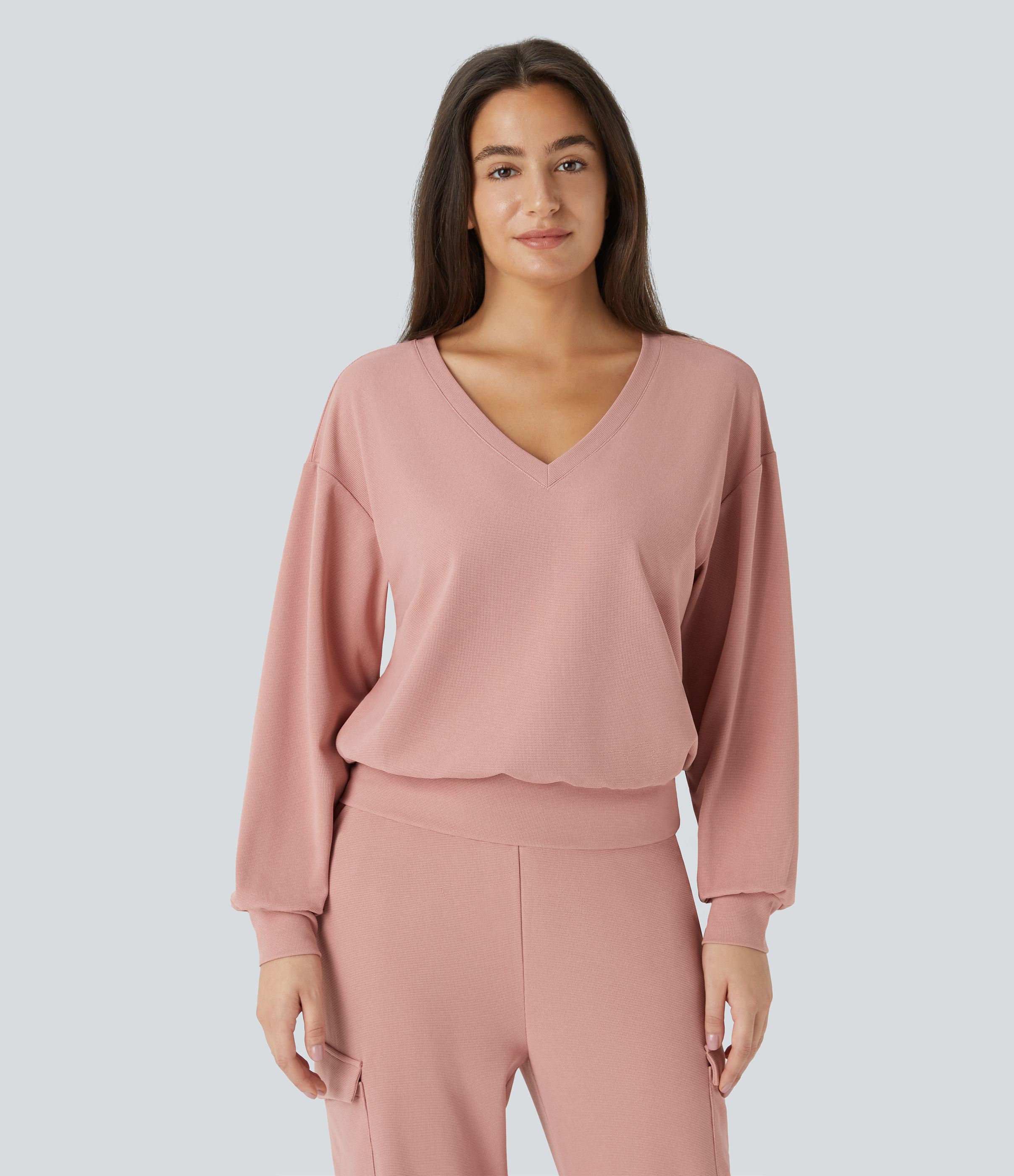 V Neck Dropped Shoulder Long Sleeve Waffle Casual Sweatshirt