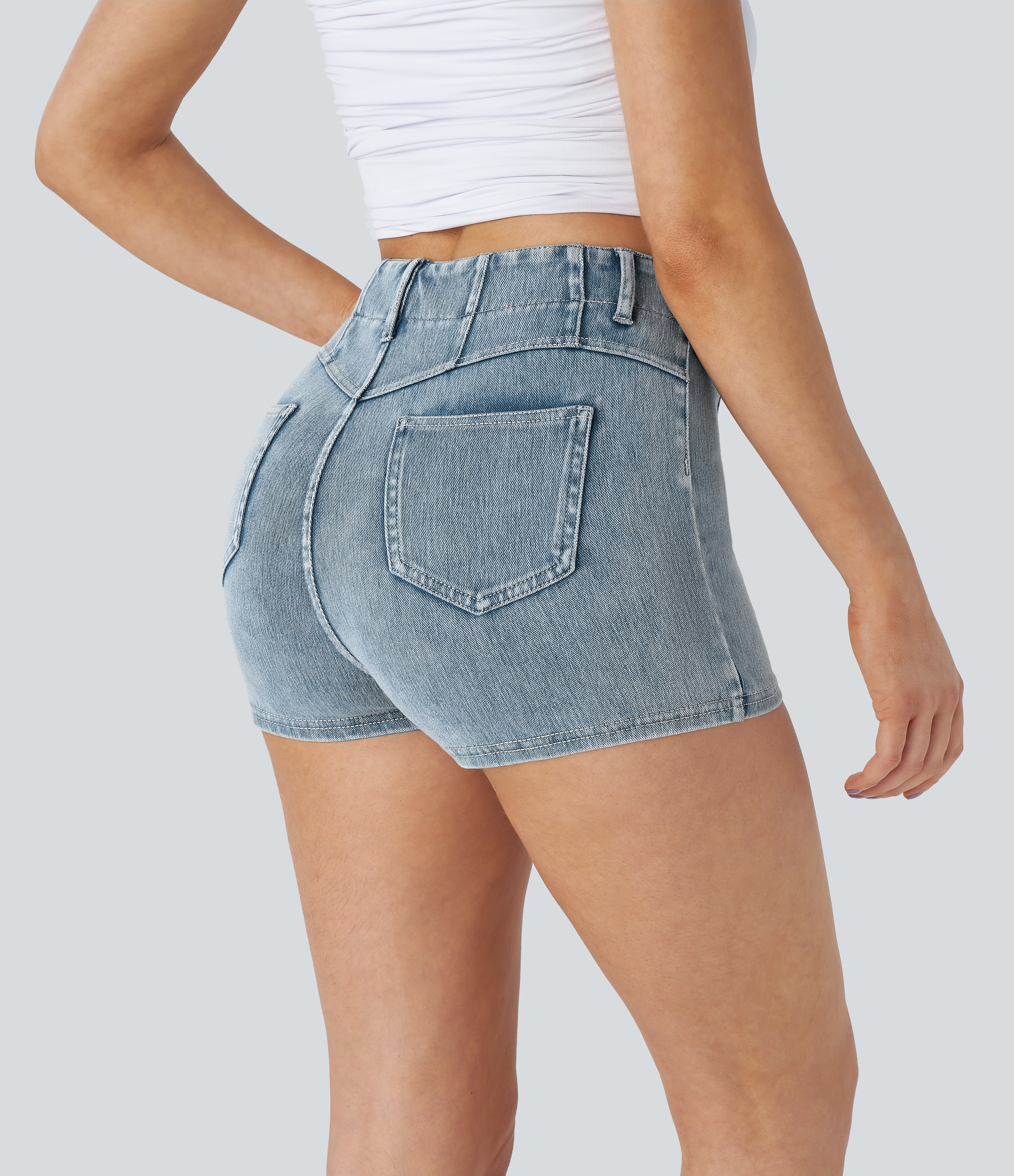 Stack Blue Denim Pantalón corto Halara Flex™ Denim elástico bolsillo trasero botón decorativo tiro alto 5cm / 2