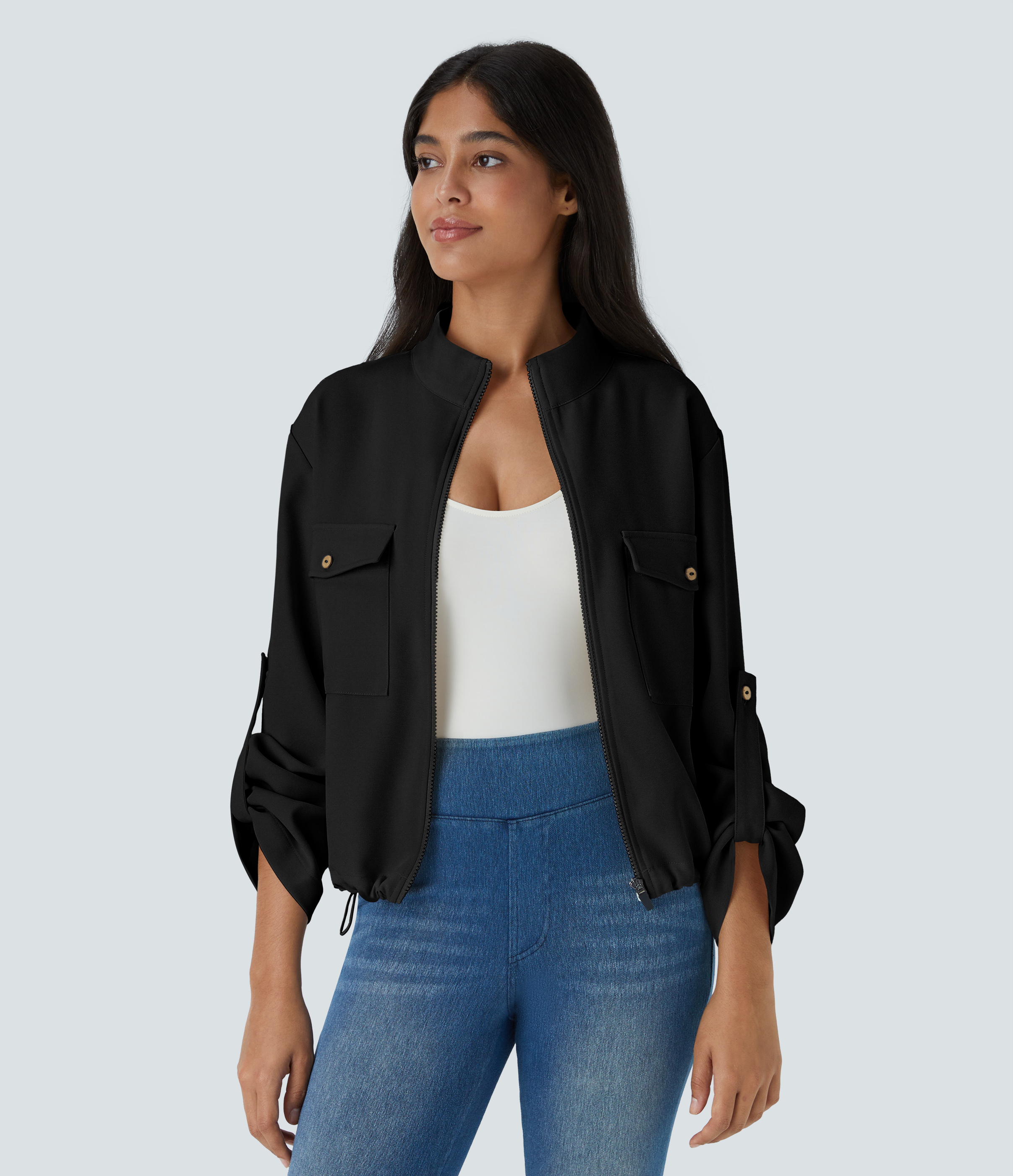 Stand Collar Roll Tab Sleeve Flap Pocket Inside Drawstring Hem Zip Casual Jacket