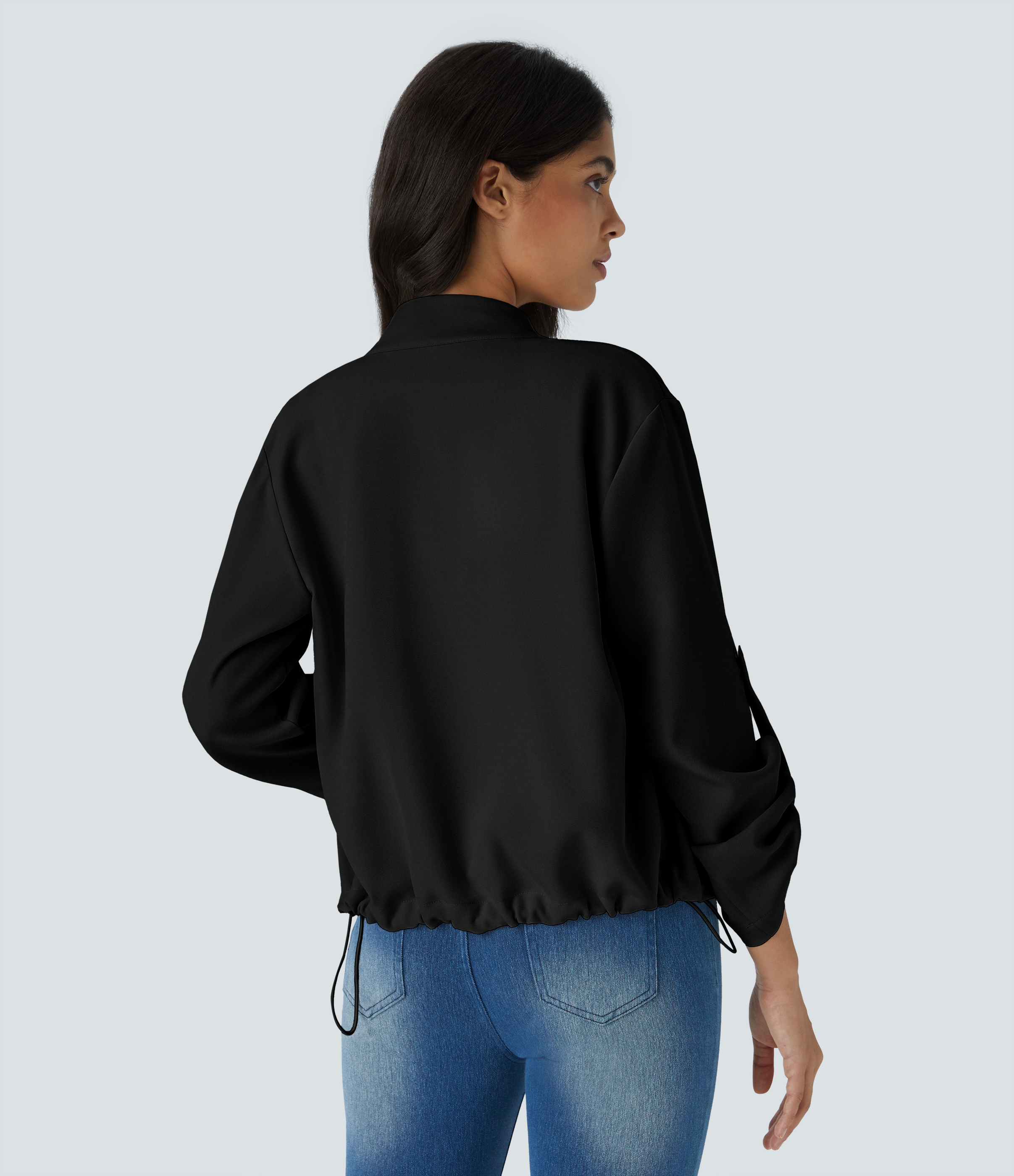 Noir Veste décontractée zippée à col montant, manches retroussables avec patte, poche à rabat et ourlet intérieur à cordon de serrage / 2