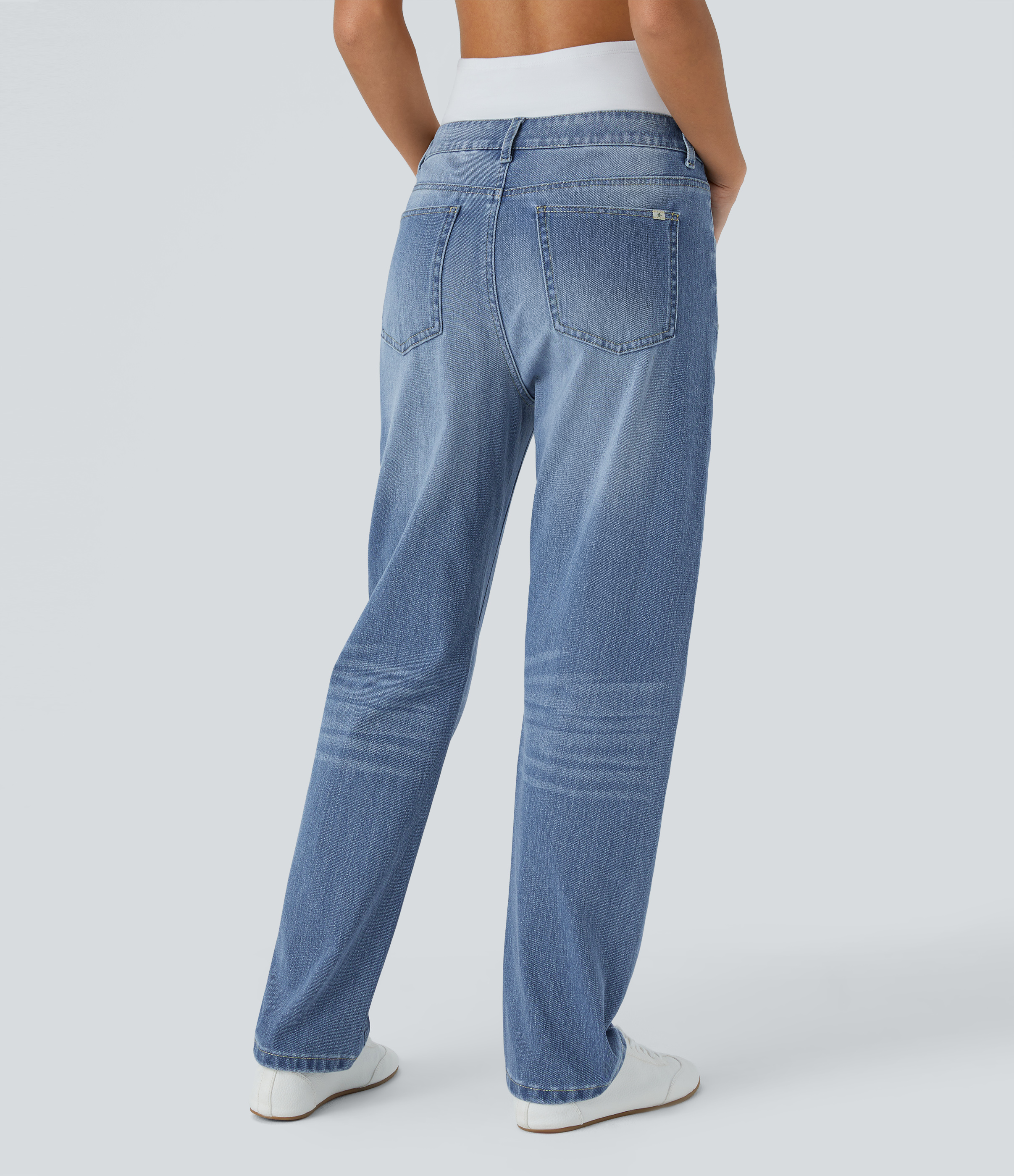 Sea Blue Denim Jeans Halara Flex™ Denim mom elástico lavado múltiple bolsillo cierre botón tiro medio bajo / 2
