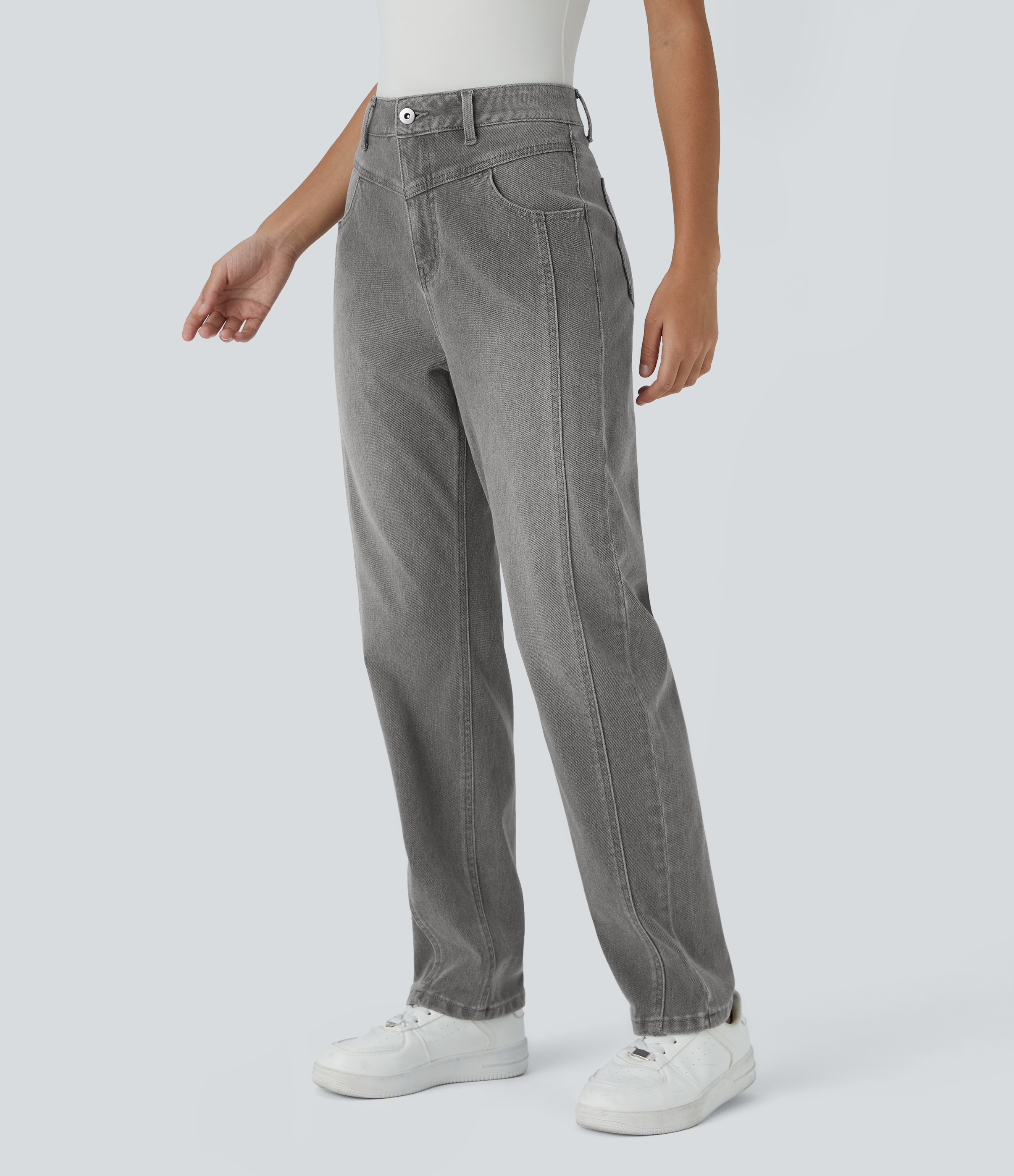 Halara Flex™ High Waisted Button Zipper Multiple Pockets Washed Stretchy Knit Casual Jeans