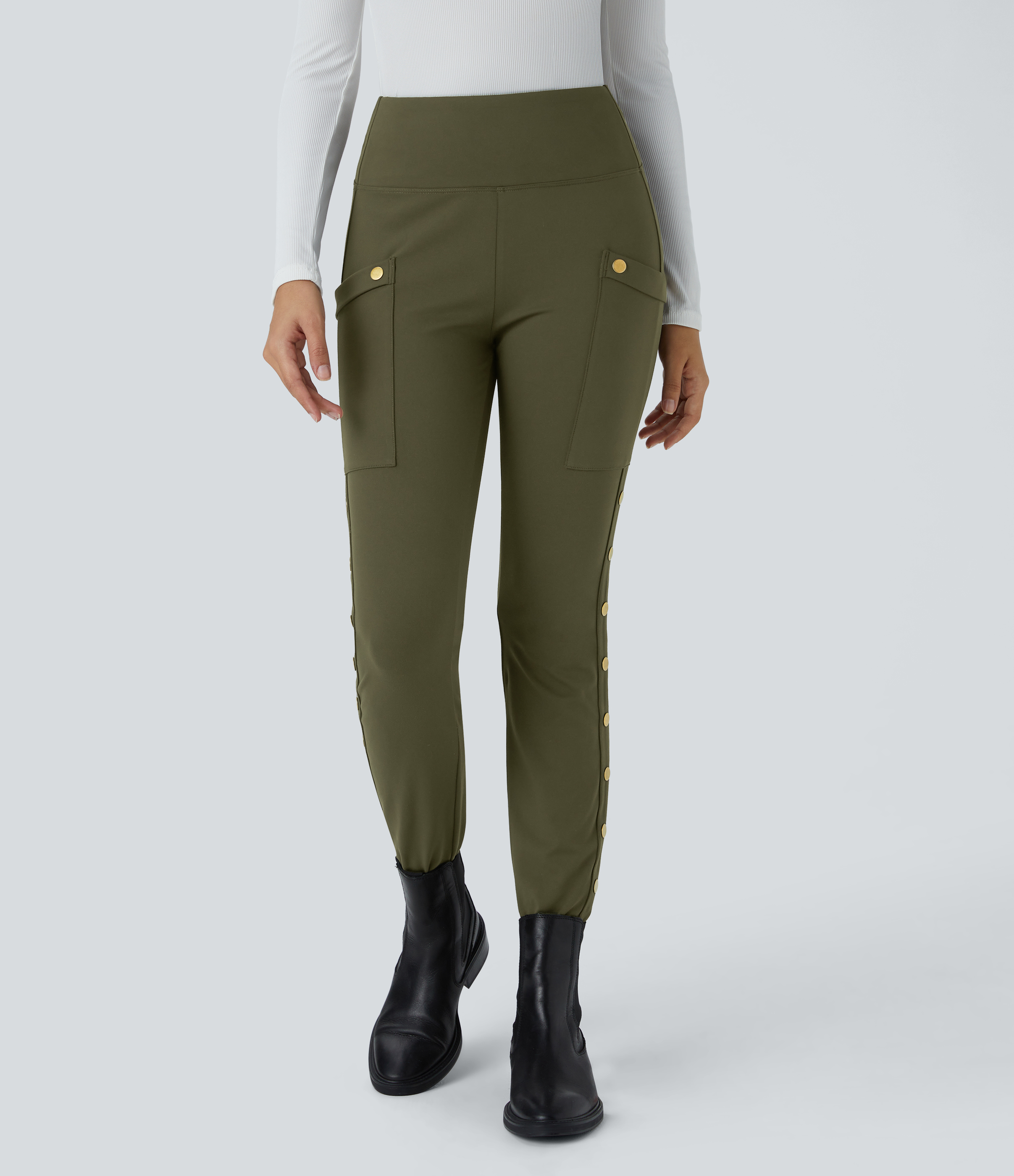 DayStretch High Waisted Decorative Pocket Skinny Ankle Length Casual Trousers