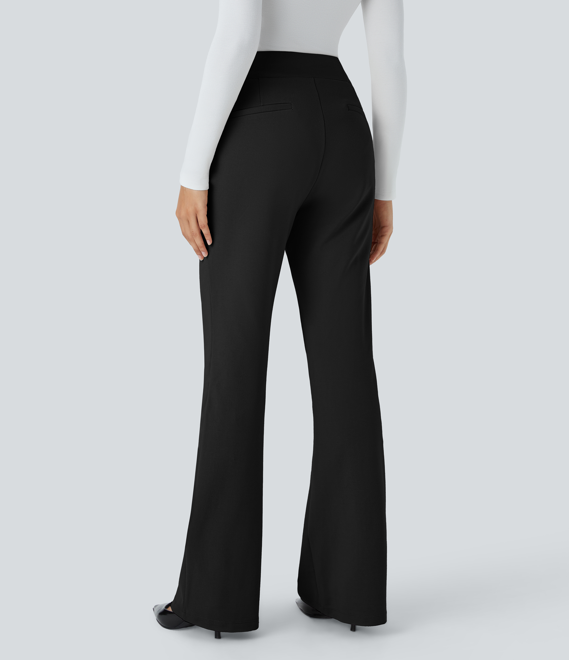Negro Pantalón Halara Flex™ oficina tiro alto ajustado ligeramente acampanado bolsillo lateral cierre botón / 2