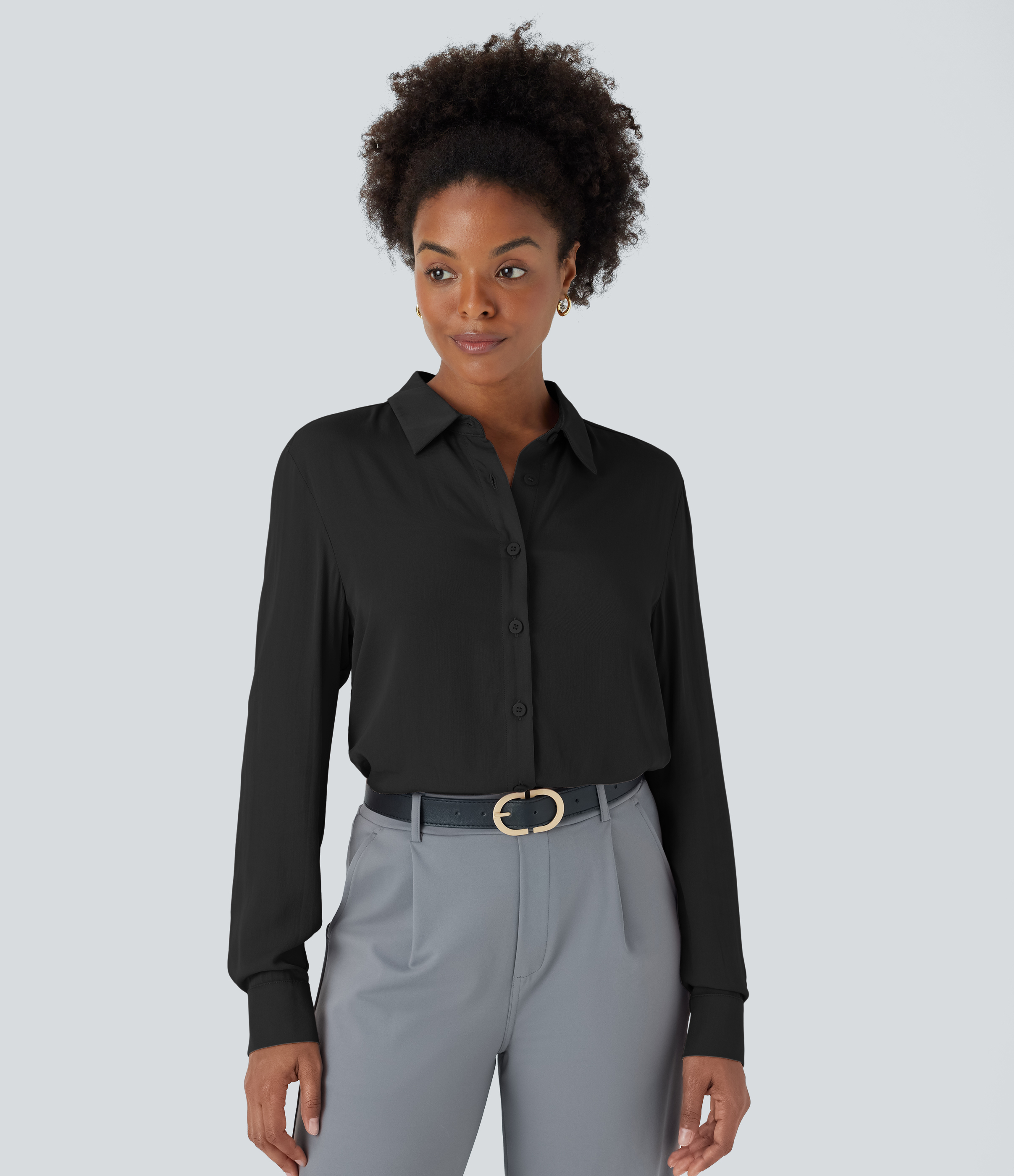 Black Collared Button Long Sleeve Work Shirt / 1