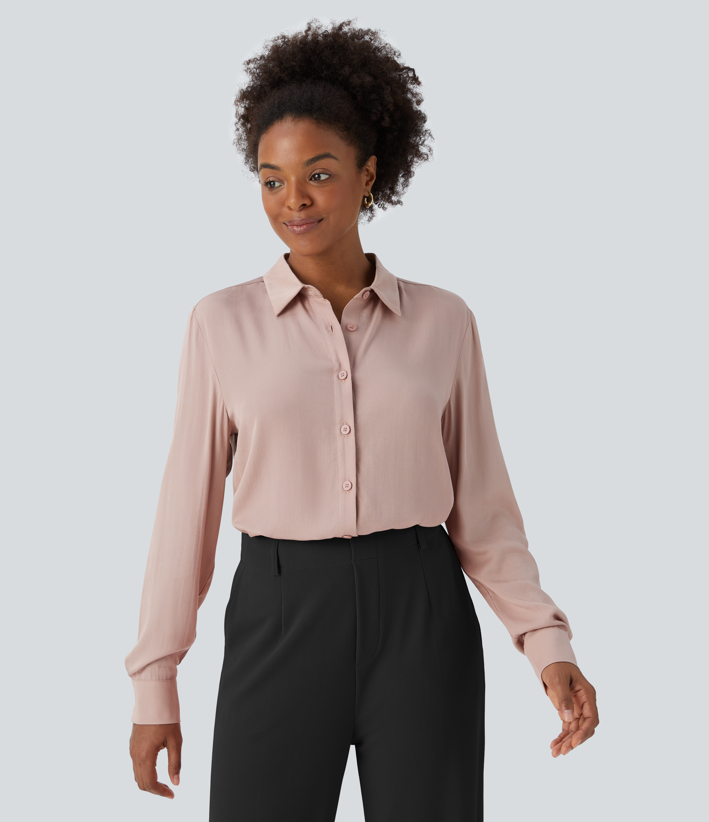 Pear Powder Blusa oficina plisada manga larga botón cuello / 1