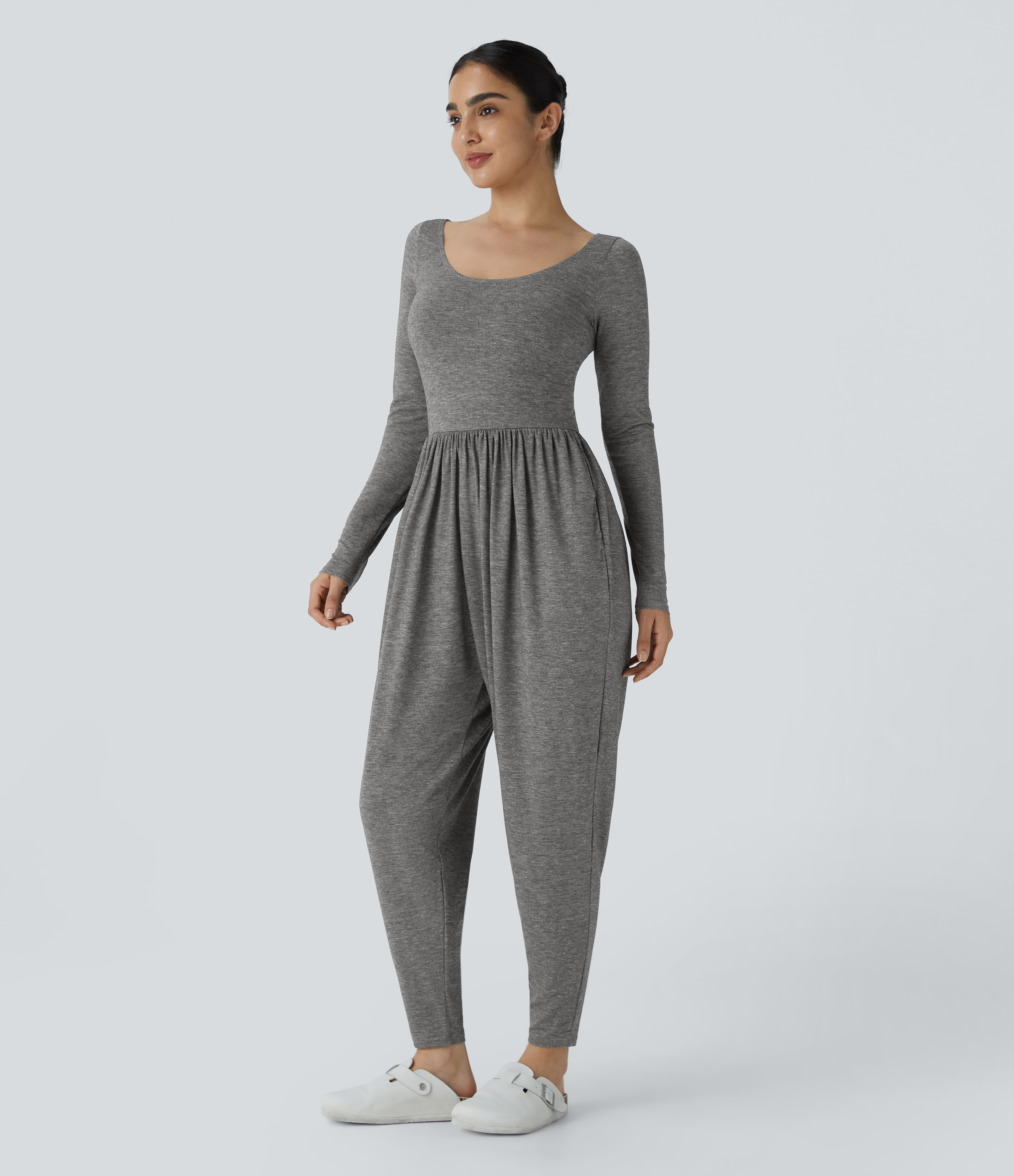 スクープネック バックレス サイドポケット カジュアル ハーレム ジャンプスーツ