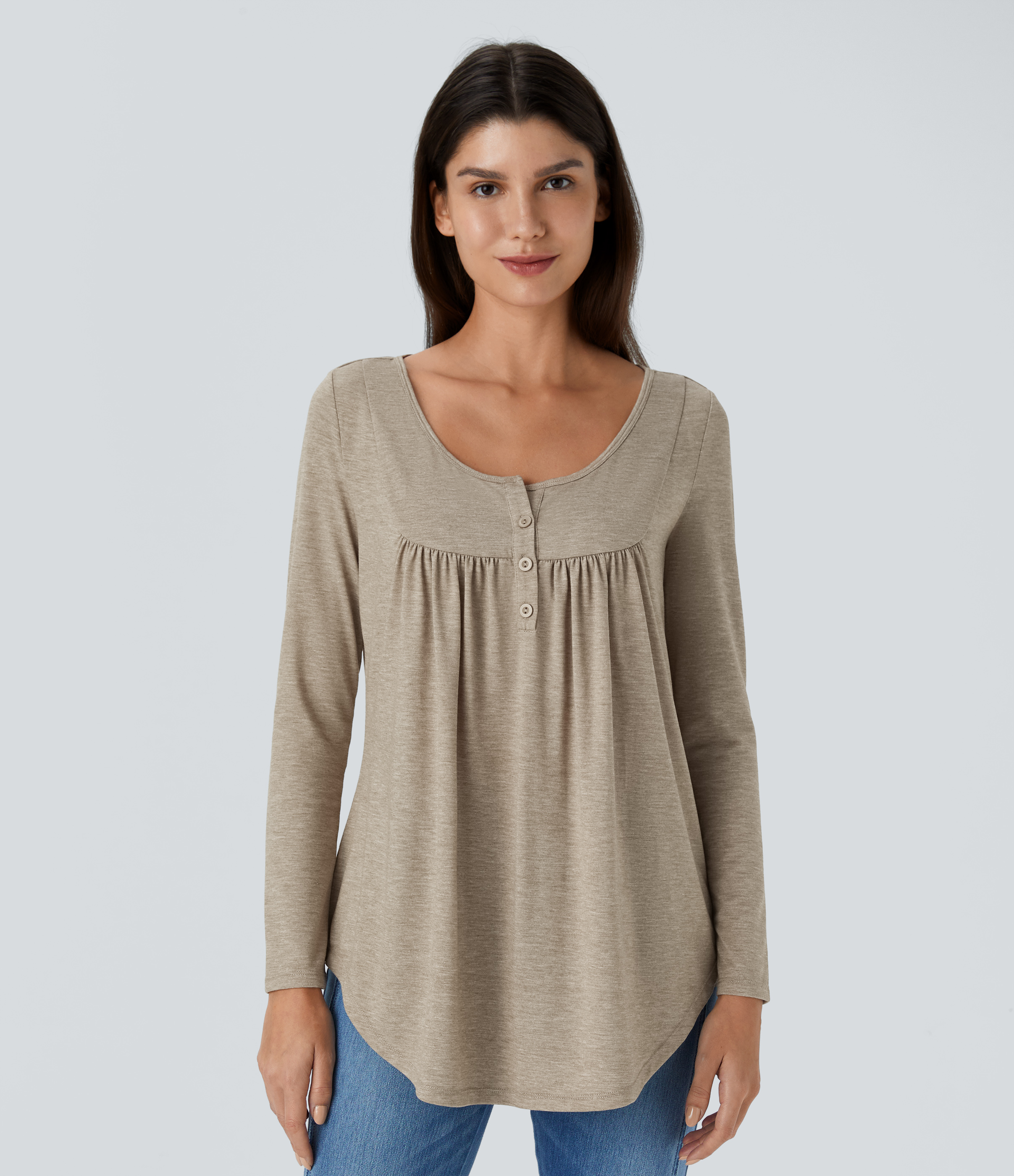 Round Neck Long Sleeve Curved Hem Casual Top