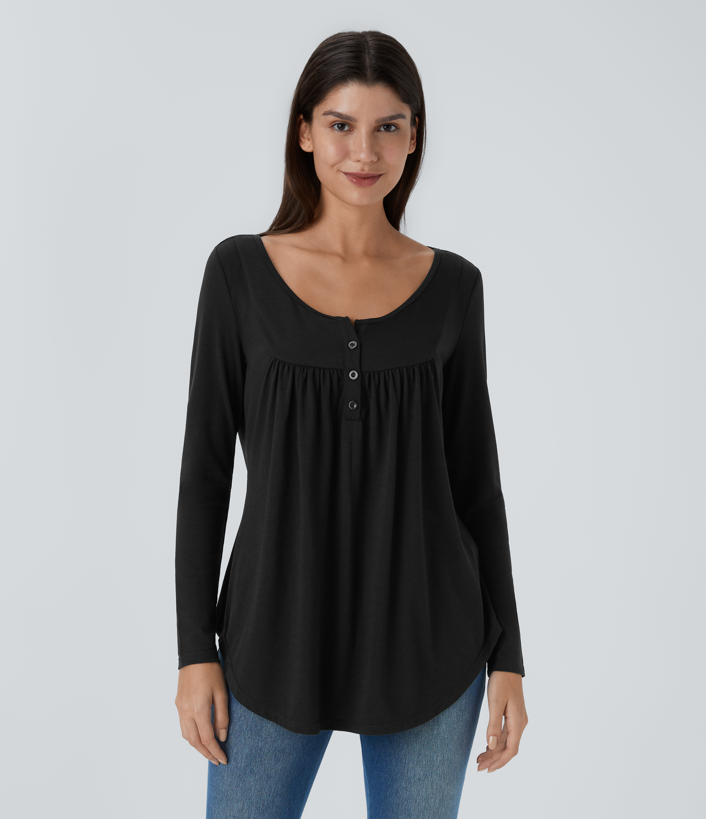 Round Neck Long Sleeve Curved Hem Casual Top