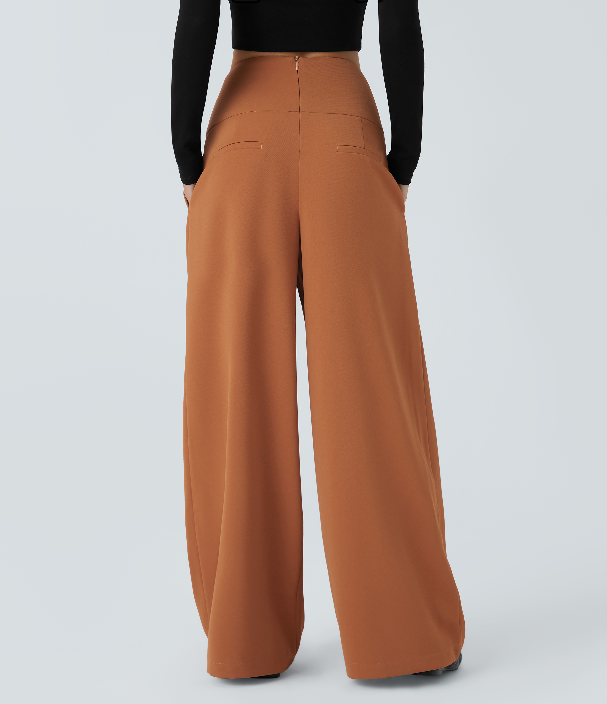 Amber Brown Pantalón pierna ancha cremallera invisible bolsillo lateral plisado botón decorativo tiro alto / 2