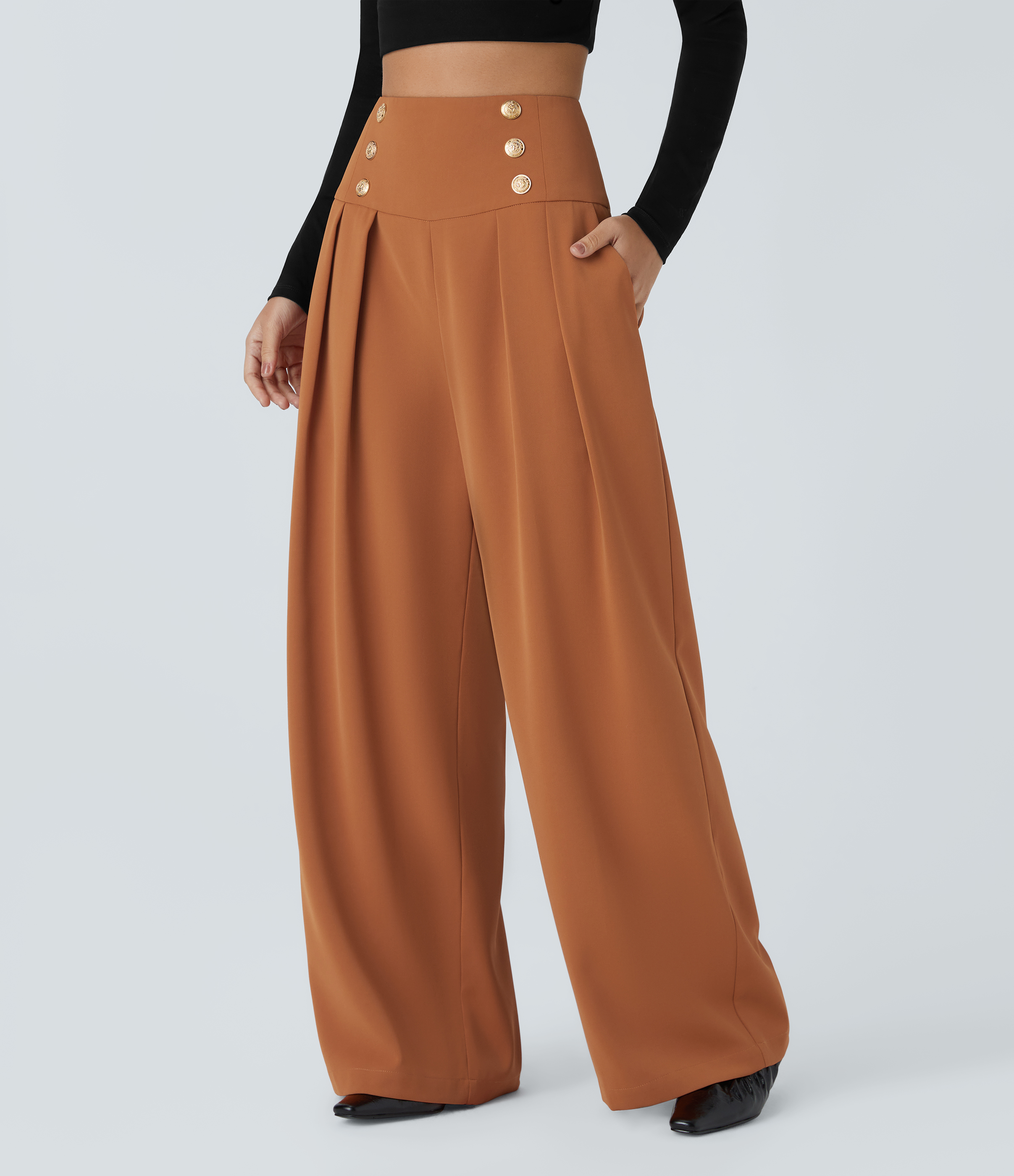 Amber Brown Pantalón pierna ancha cremallera invisible bolsillo lateral plisado botón decorativo tiro alto / 1
