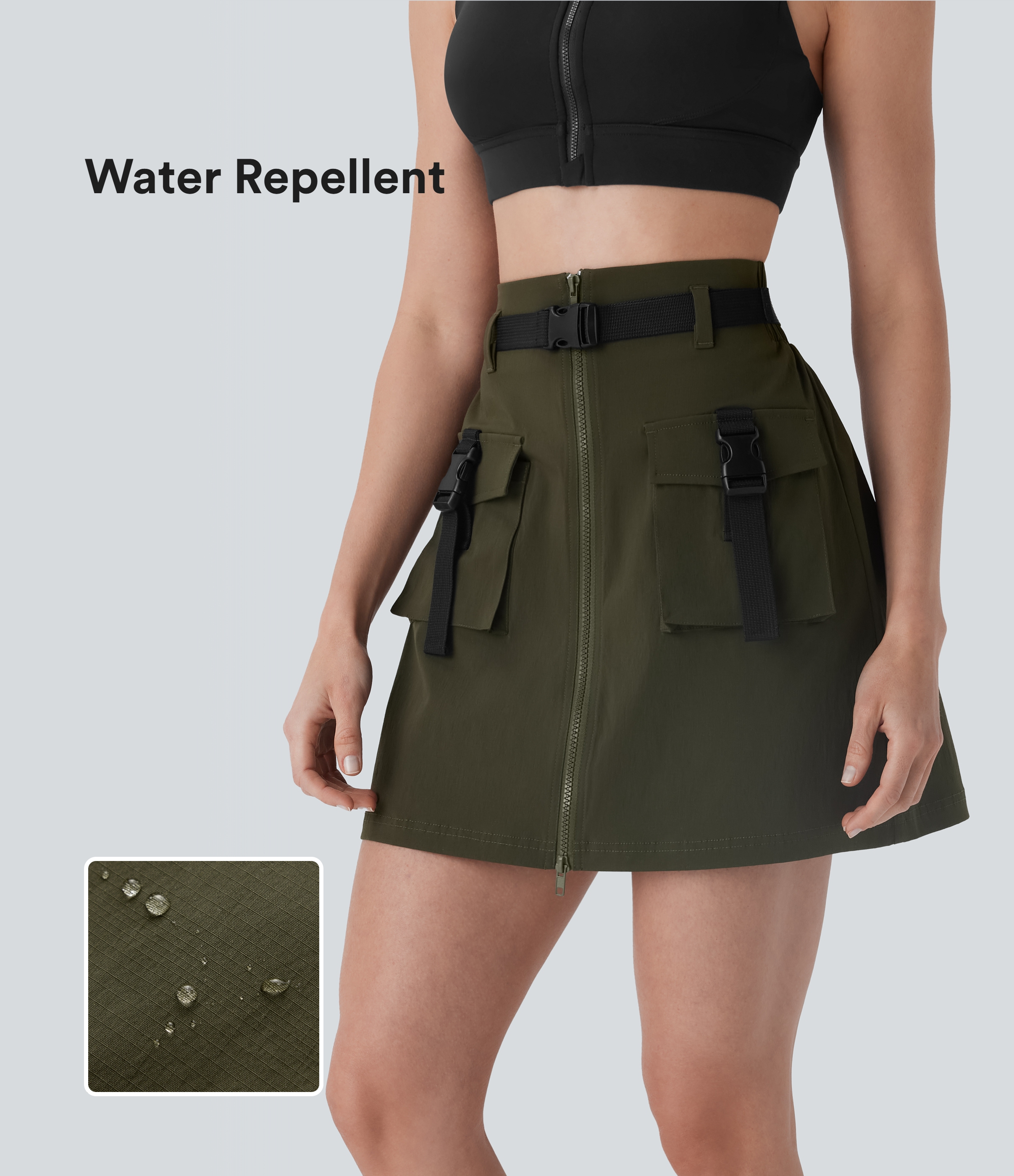 【EEUN】Road cargo belt skirt Women's Water Repellent Super High Waisted Belted Zipper