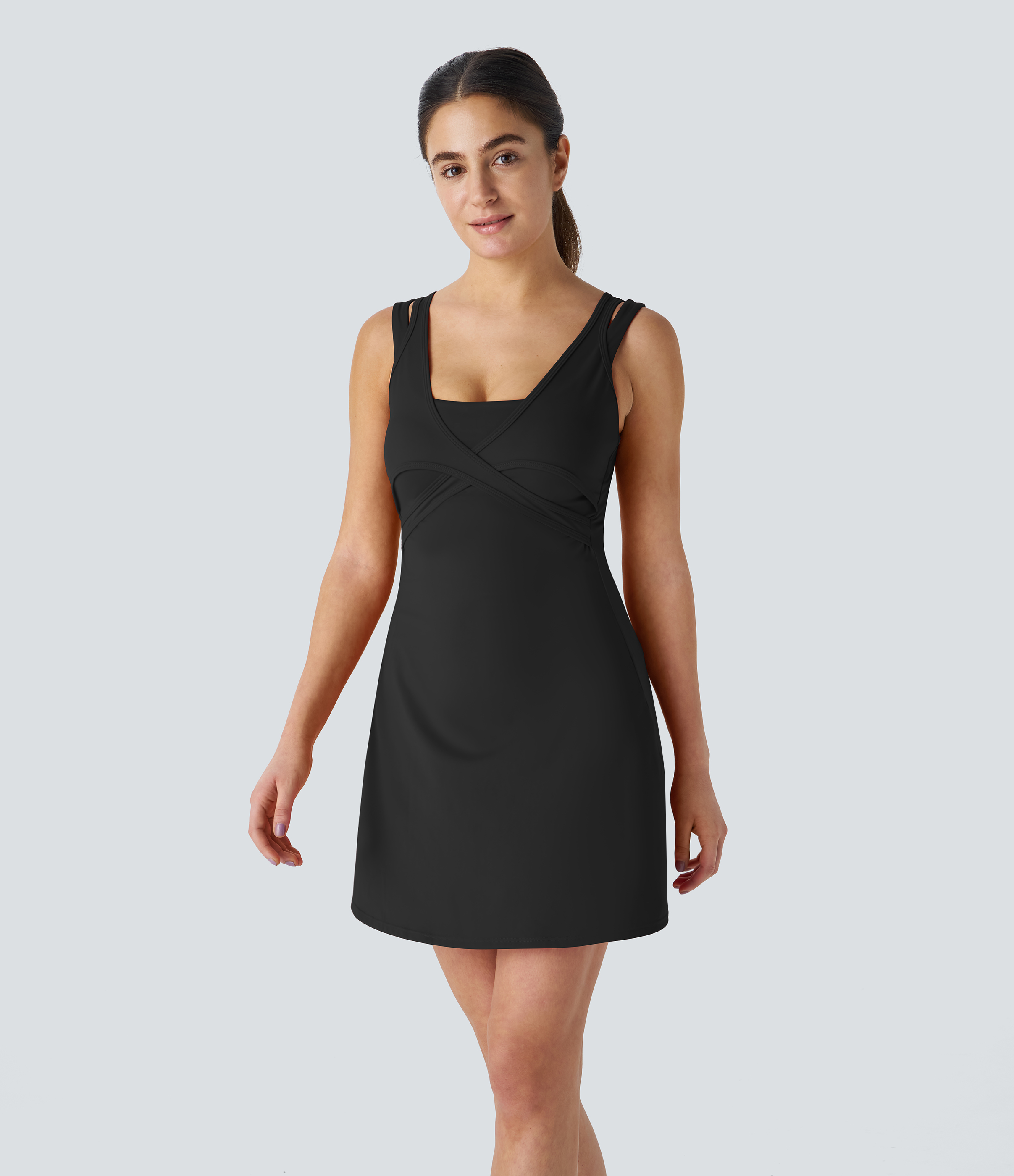 Halara – Softlyzero™ QuickDry – Rückenfreies 2-in-1 Tennis-Mini-Aktivkleid mit Doppelträgern und Seitentasche – Schwarz – S
