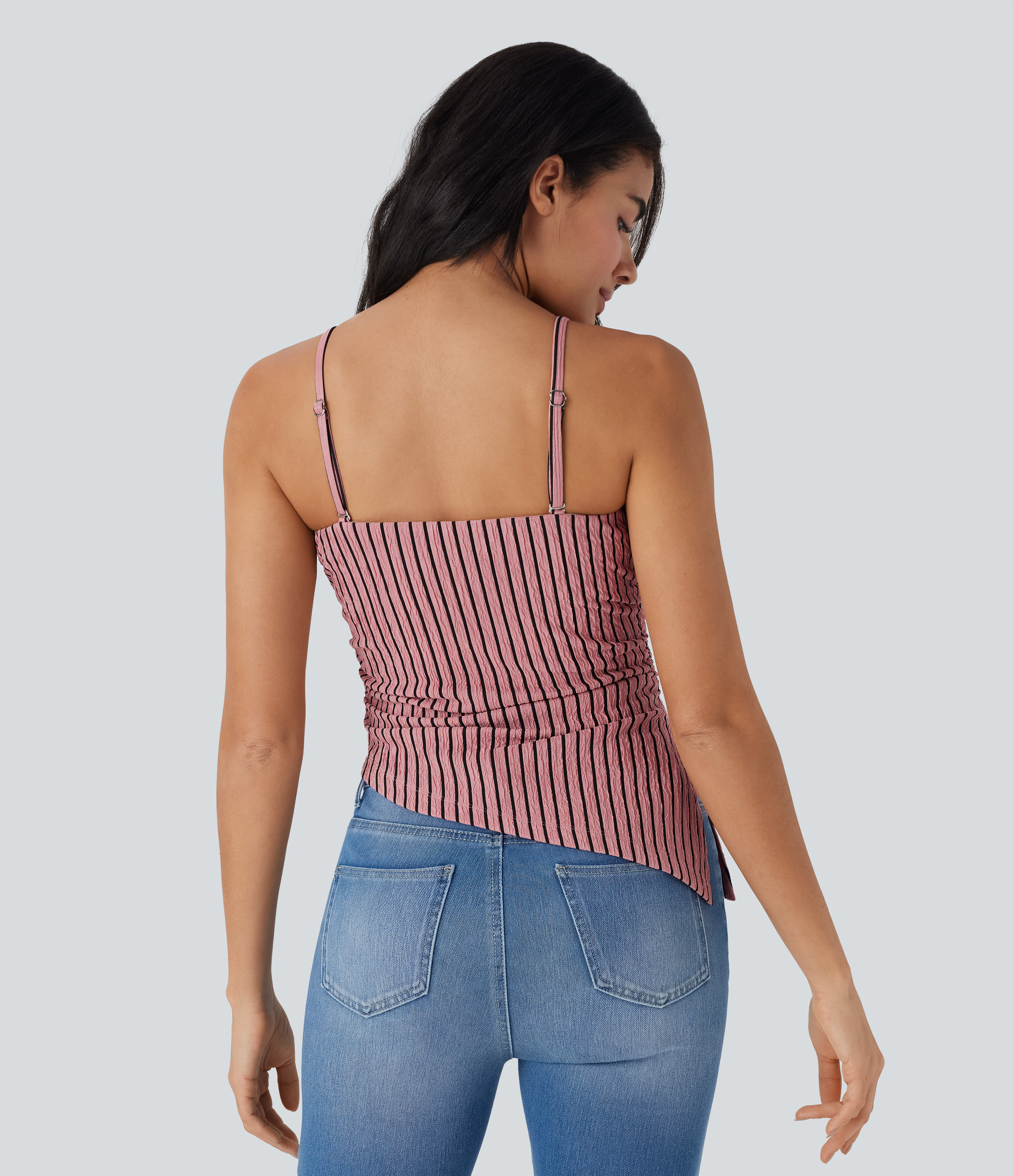 Candy Pink Black Stripes Top casual a rayas con forma asimétrica y tirantes extraíbles / 2