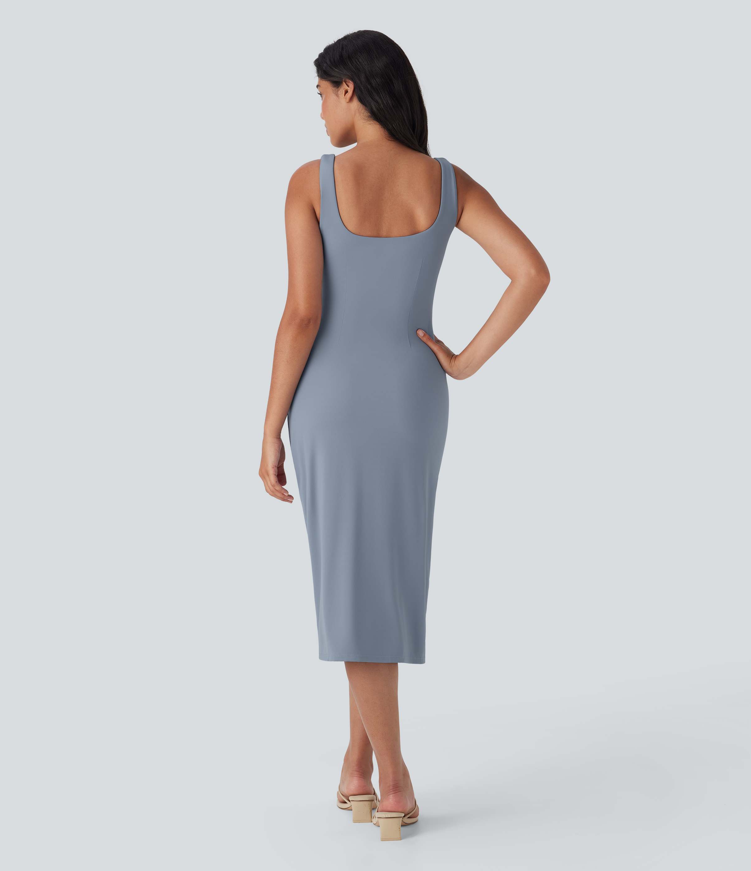 Snowflake Blue SoftlyZero™ Airy Square Neck Corset Ruched Bodycon Midi InstantCool Dress DD-F Cups / 2