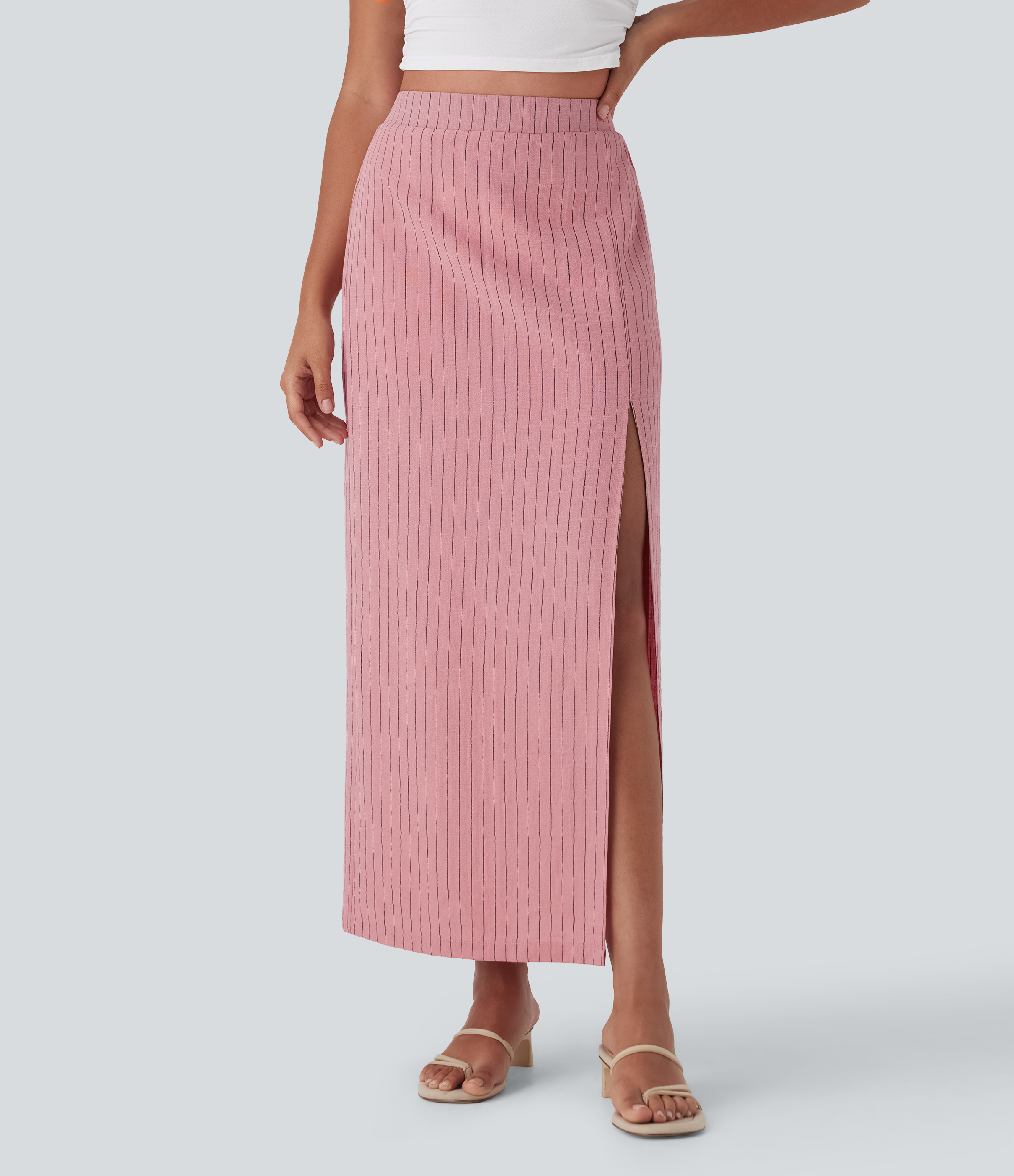 High Waisted Stripe Maxi Linen-Feel Skirt with Pockets