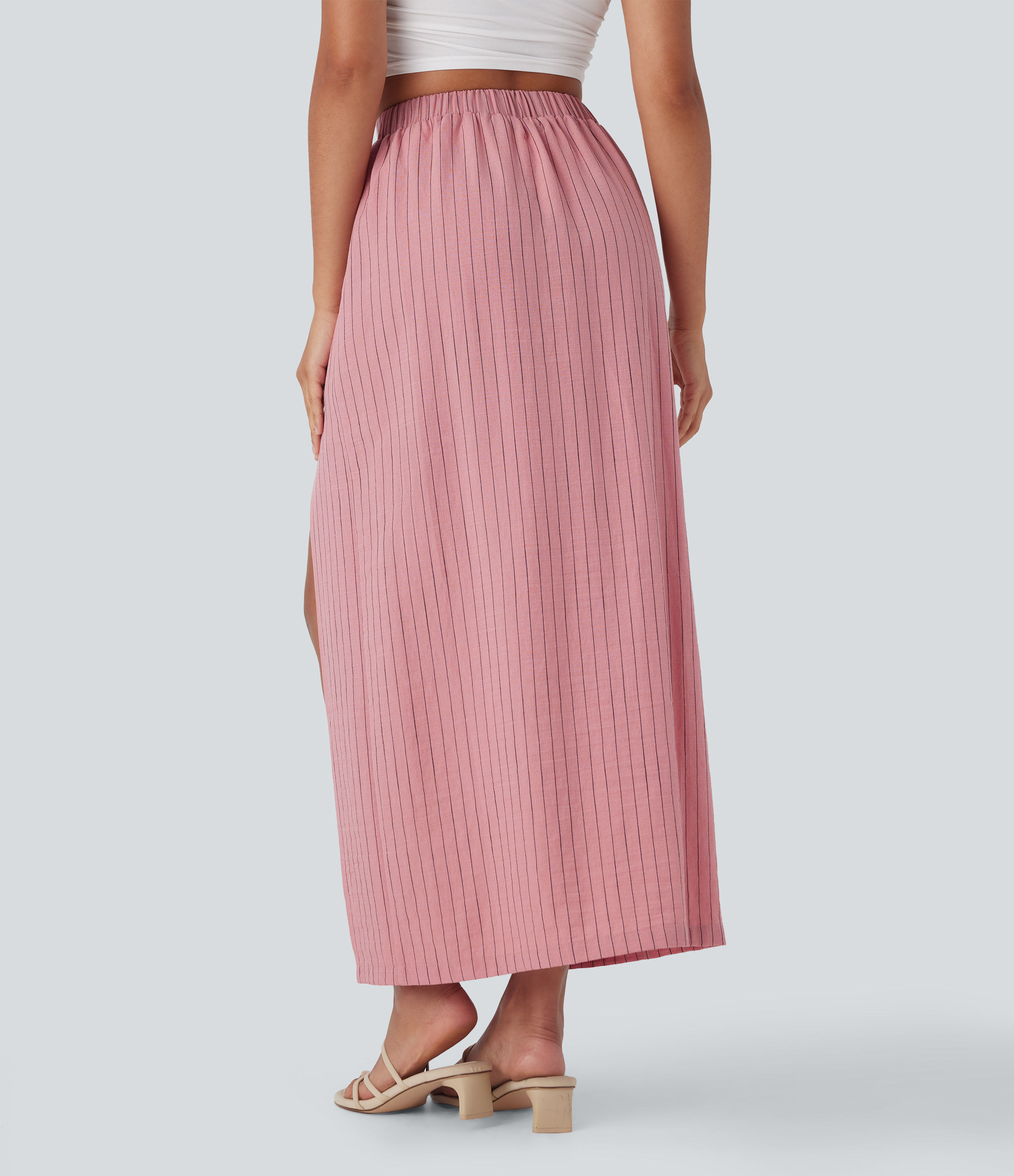Candy Pink Black Yarn Dye Stripes Falda larga de lino a rayas con tiro alto y bolsillos laterales / 2