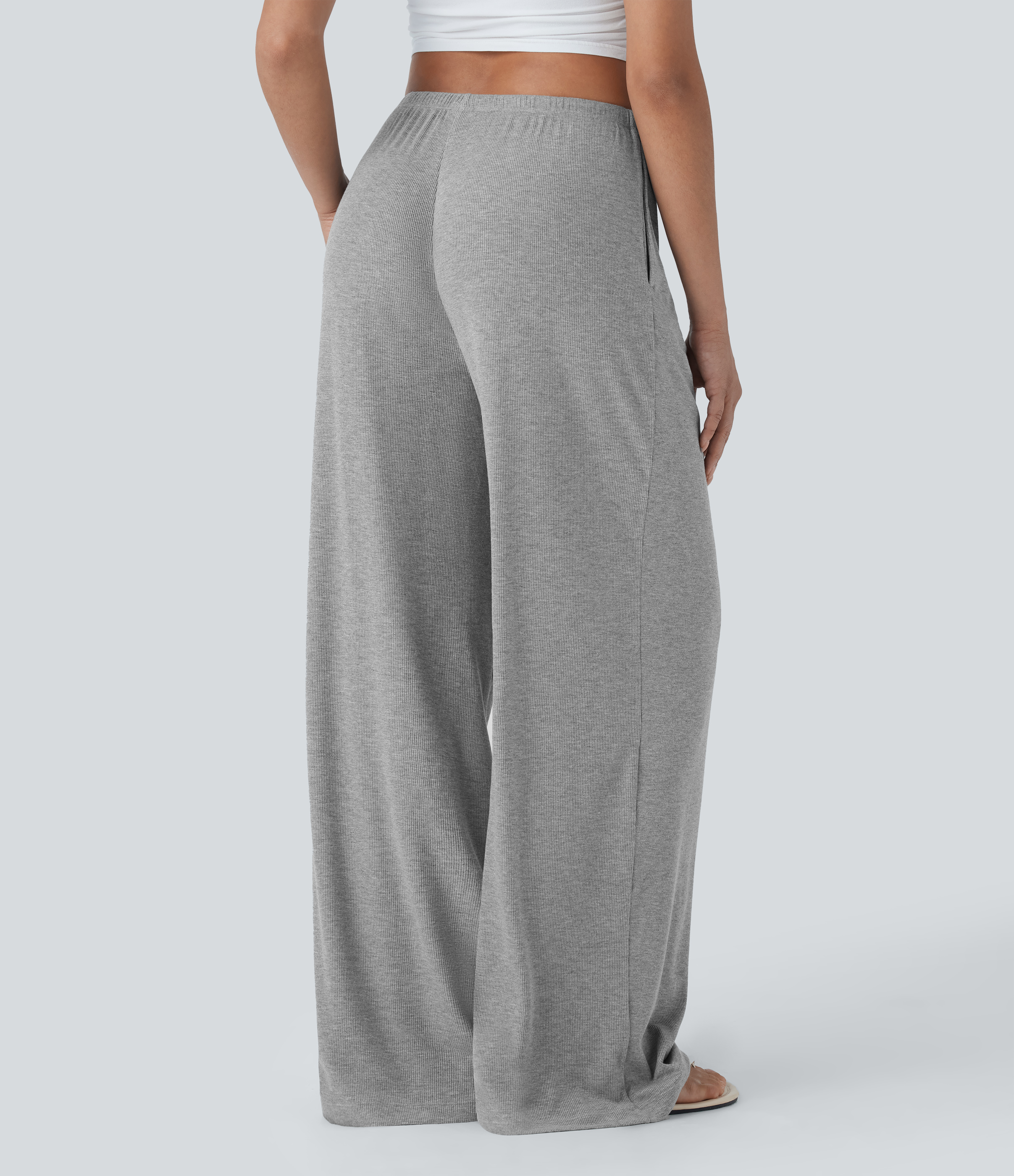 Fog Gray High Stretch Ribbed Low Rise Drawstring Wide Leg Flowy Casual Pants with Pockets / 2