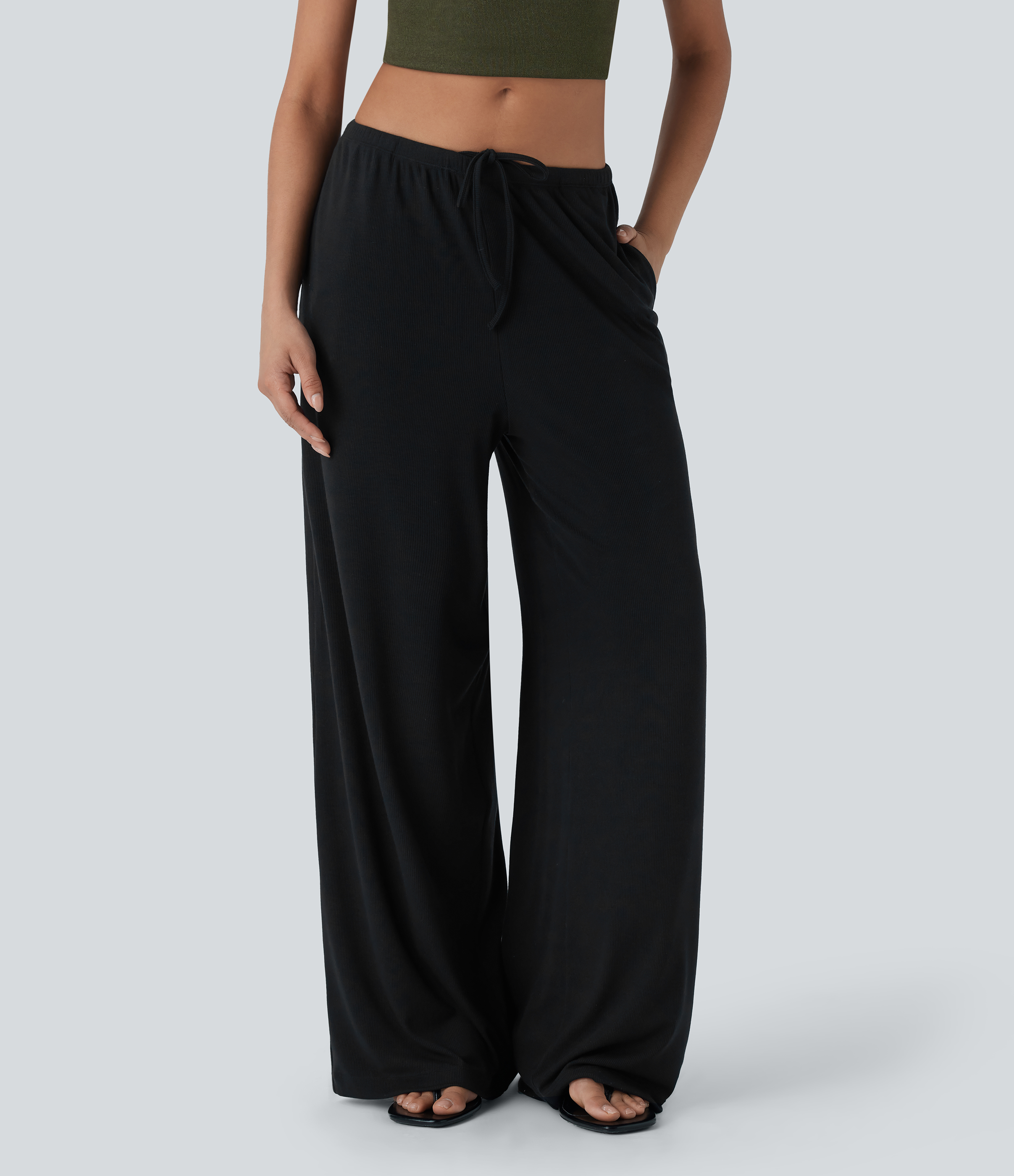 Pantalon fluide ample à taille basse avec cordon de serrage, côtes extensibles, doux pour la peau et poches latérales
